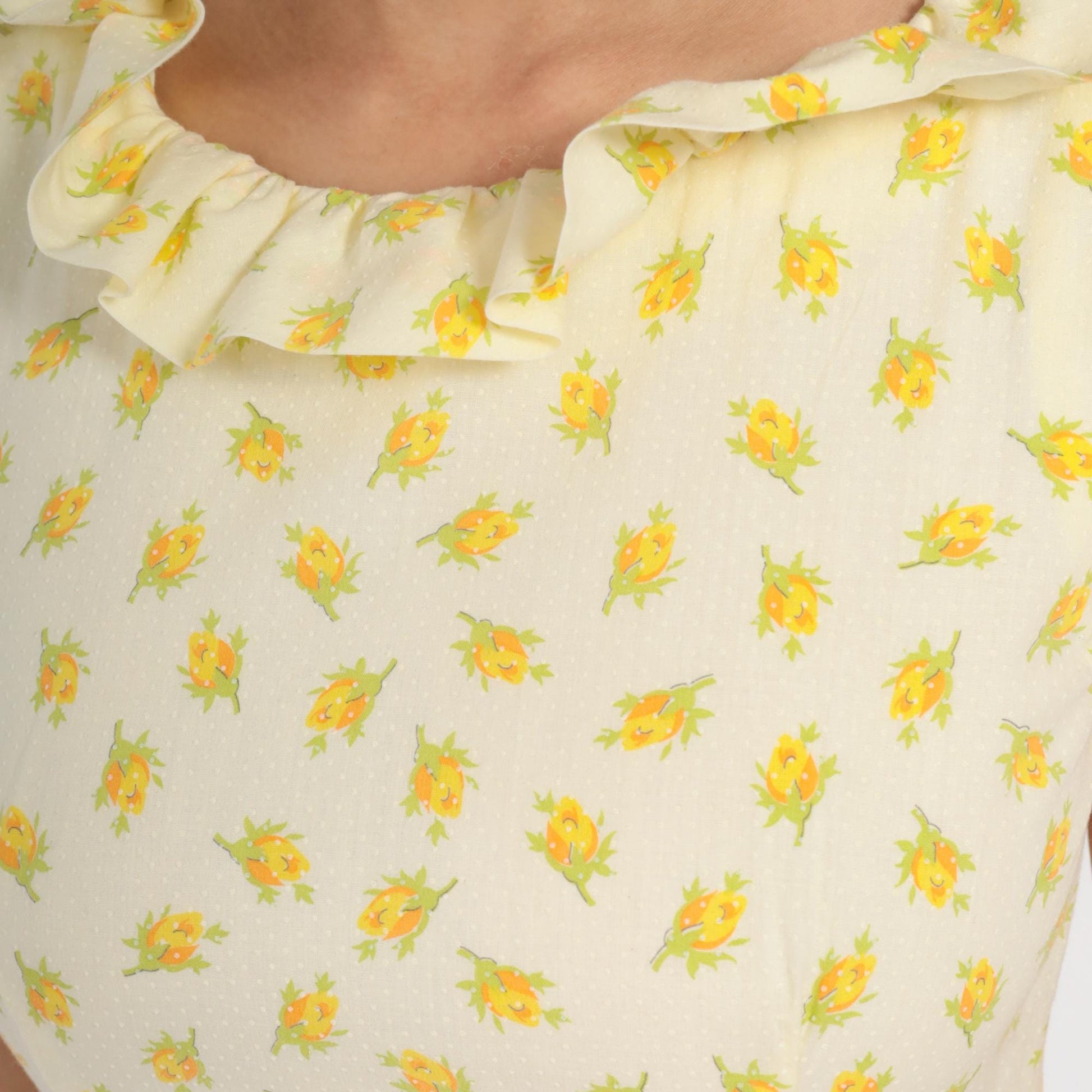 70s Yellow Floral Maxi Dress Sleeveless Ruffle Collar Empire Waist Small