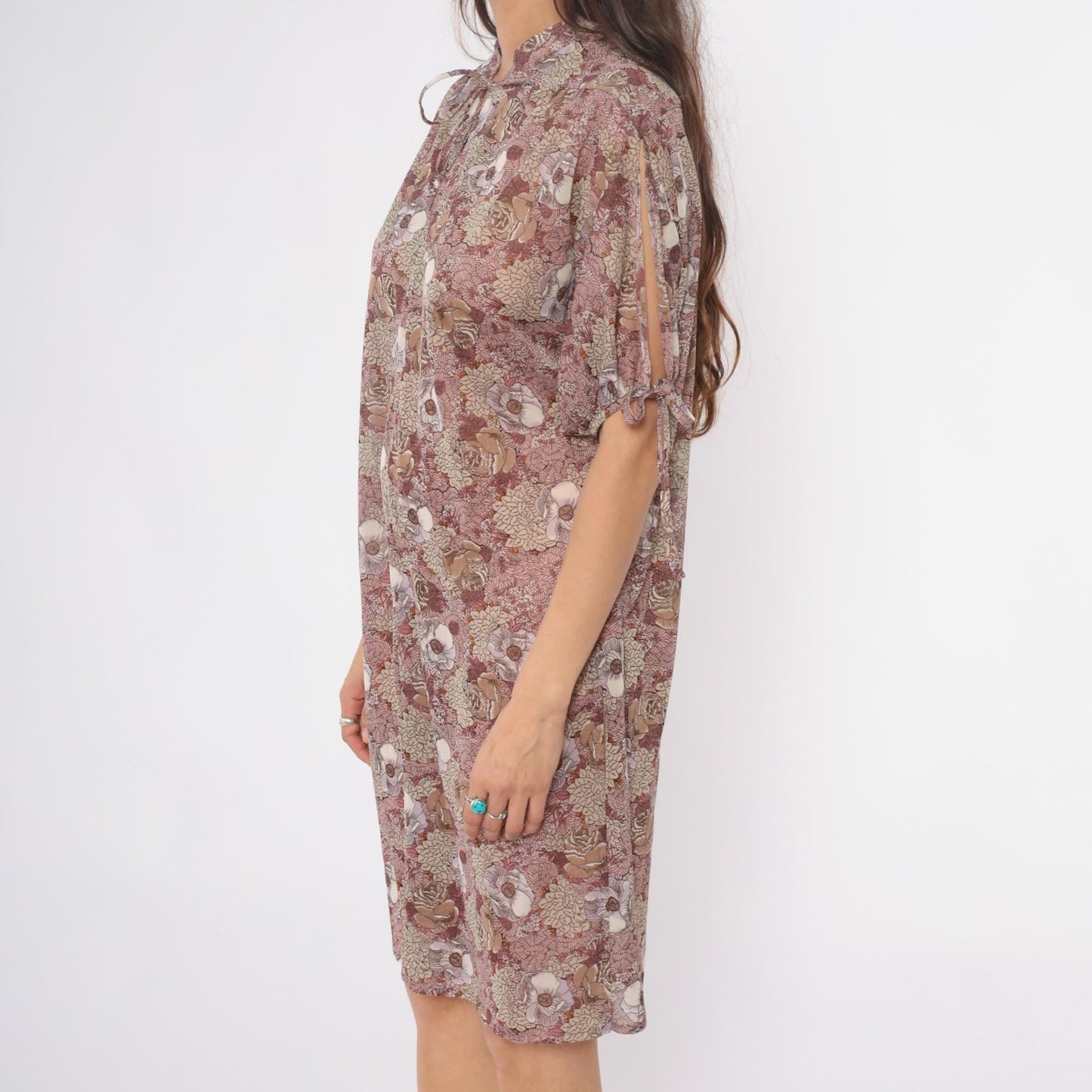 70s Trolley Car Floral Shift Dress Dusty Rose Tie Neck Knee Length Large L