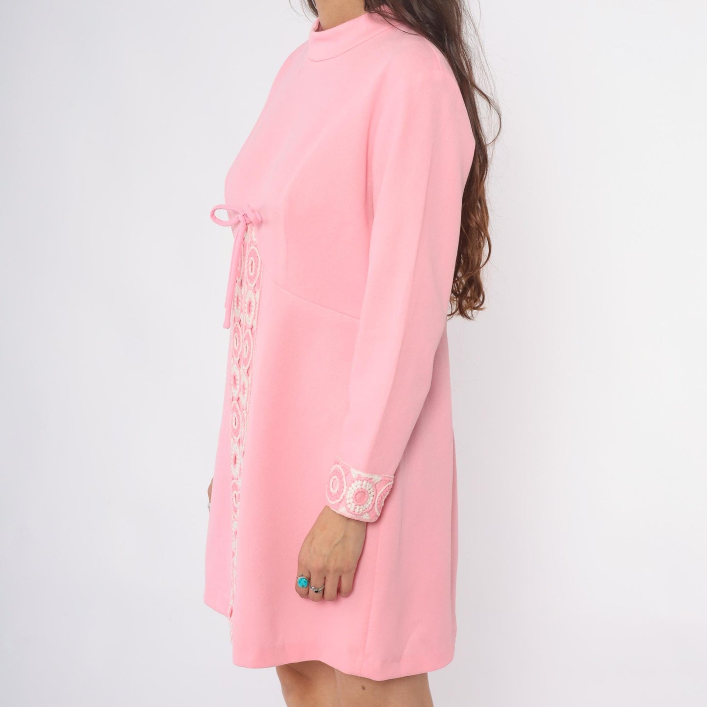 70s Pink Mini Shift Dress Long Sleeve Embroidered Mock Neck Large L