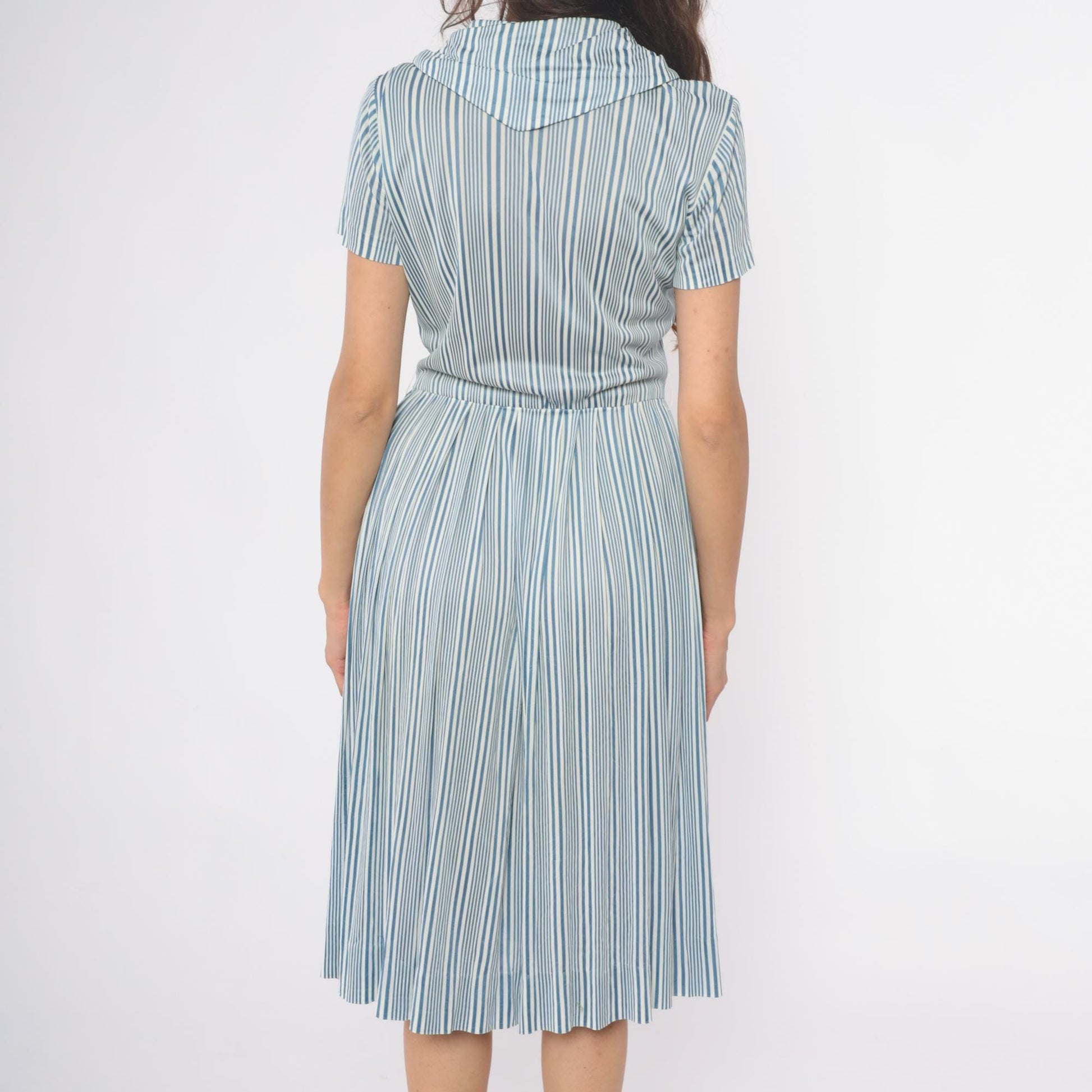 60s Nancy Greer Striped Midi Dress Blue White Mod Button Front Medium