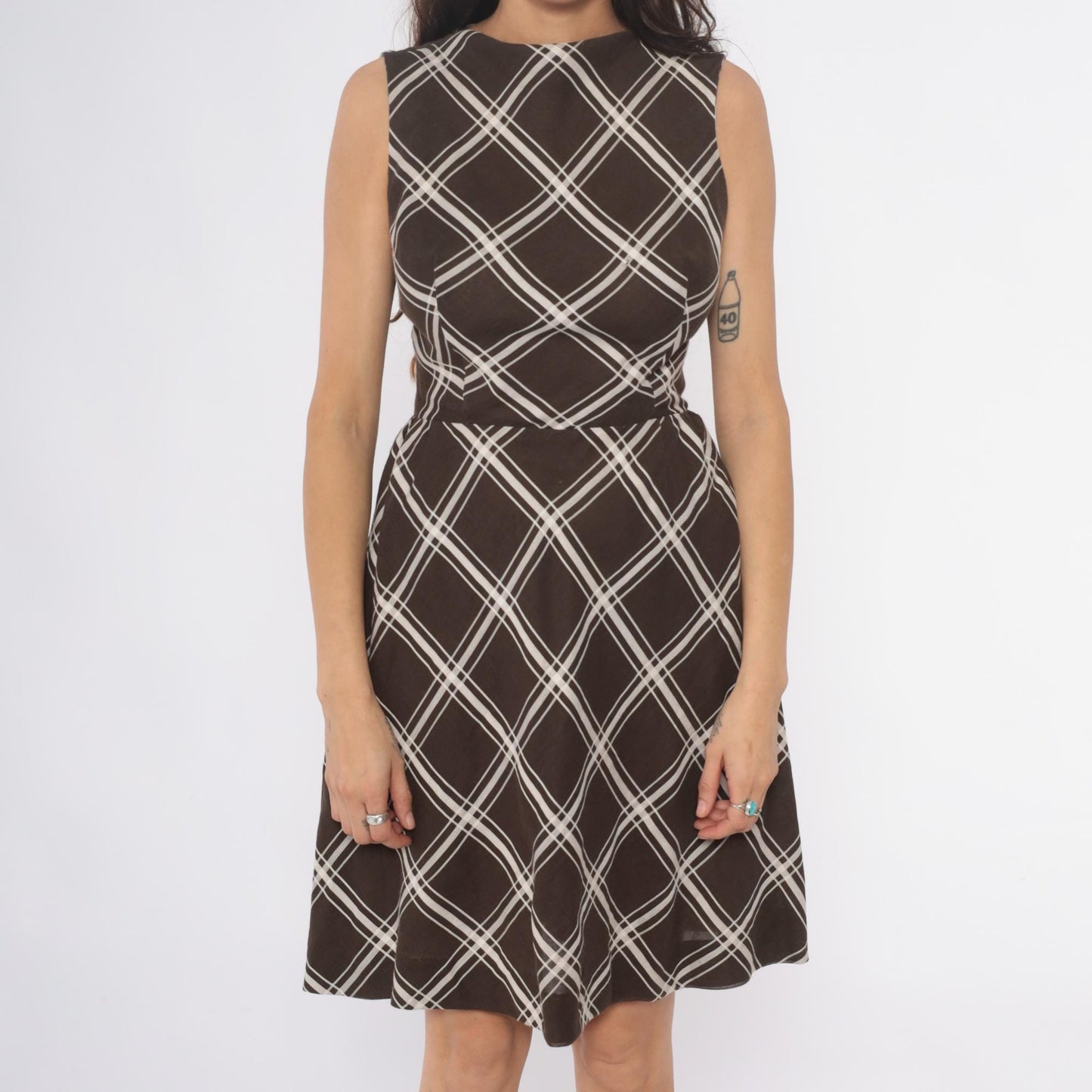 60s Brown White Windowpane Plaid A-Line Dress Sleeveless Boat Neck Small