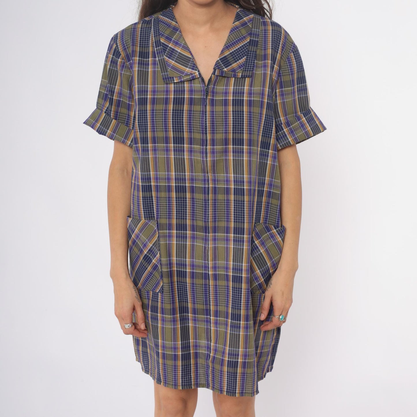 80s Zip N Dash Plaid Shift Dress Collared Pockets Navy Olive Extra Large