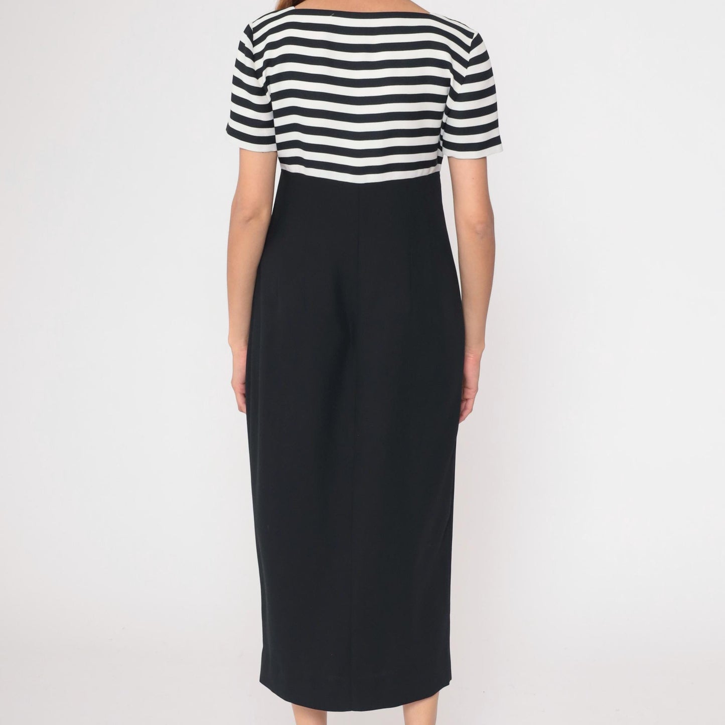 90s Liz Claiborne Striped Midi Dress Black White Button Front Medium