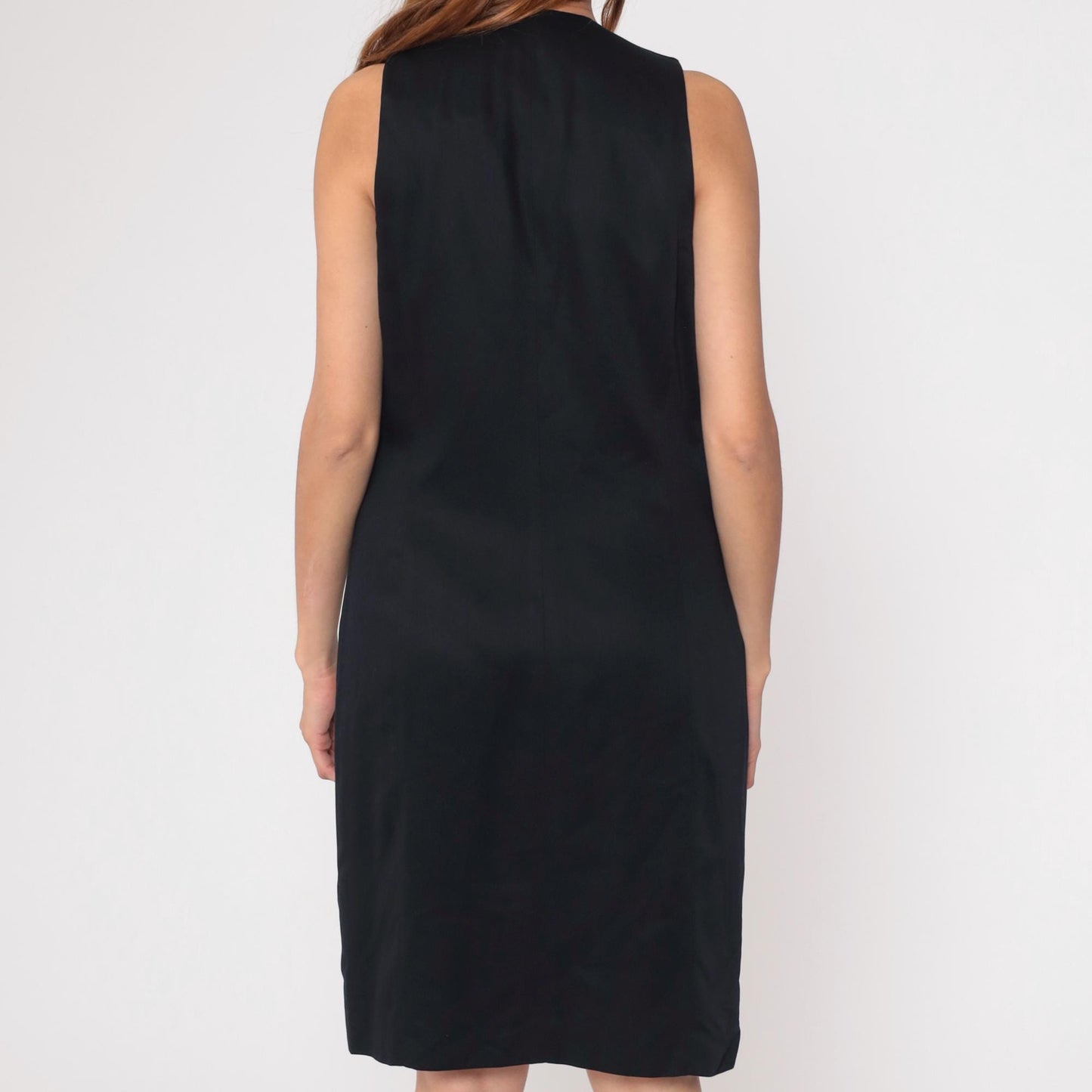 90s Valerie Stevens Black Button-Front V-Neck Knee-Length Shift Dress Medium