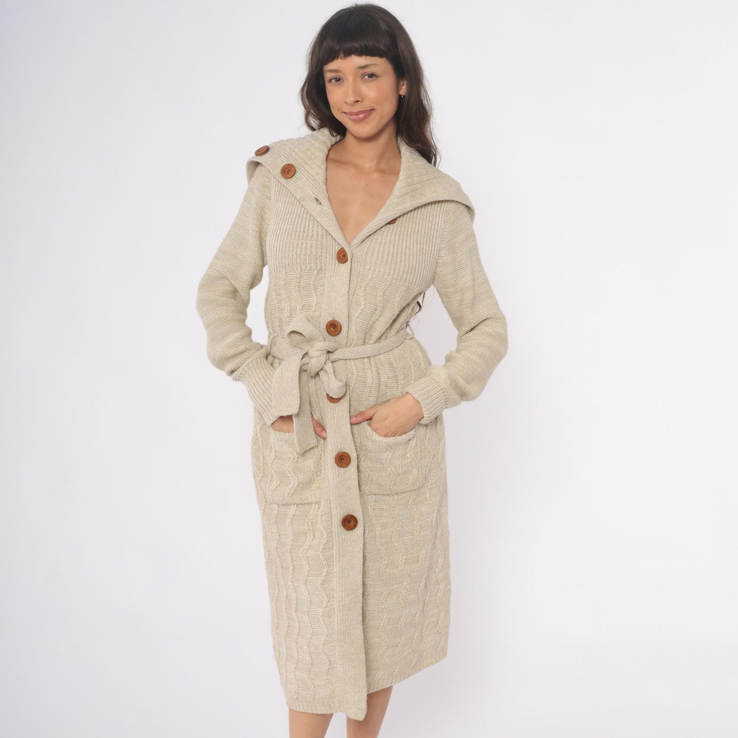 70s Dawn International Cable Knit Cardigan Cream Shawl Collar Duster Small