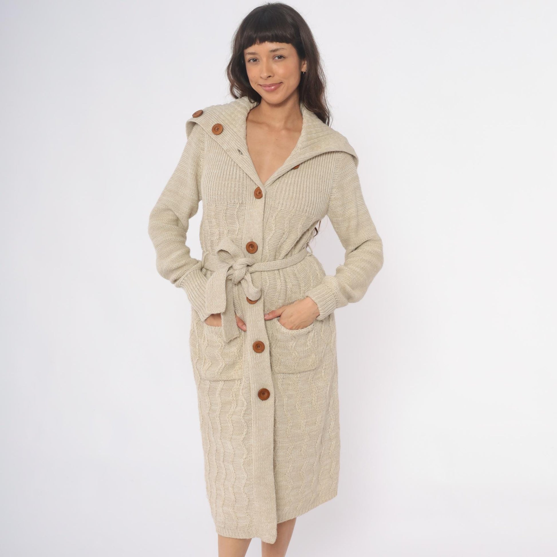 70s Dawn International Cable Knit Cardigan Cream Shawl Collar Duster Small