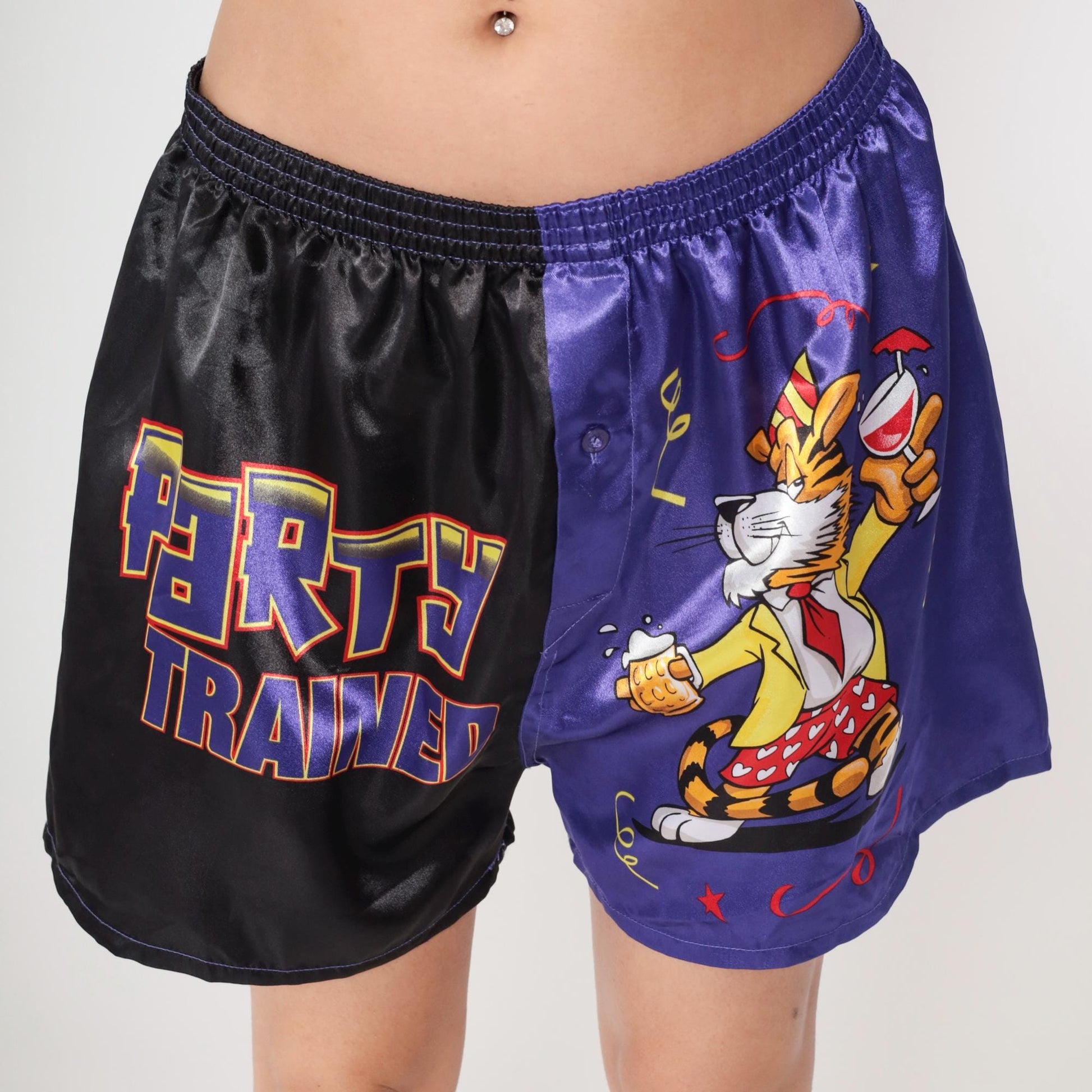 90s Party Trained Tiger Satin Shorts Purple Black Split High Waist Plus Size XXL