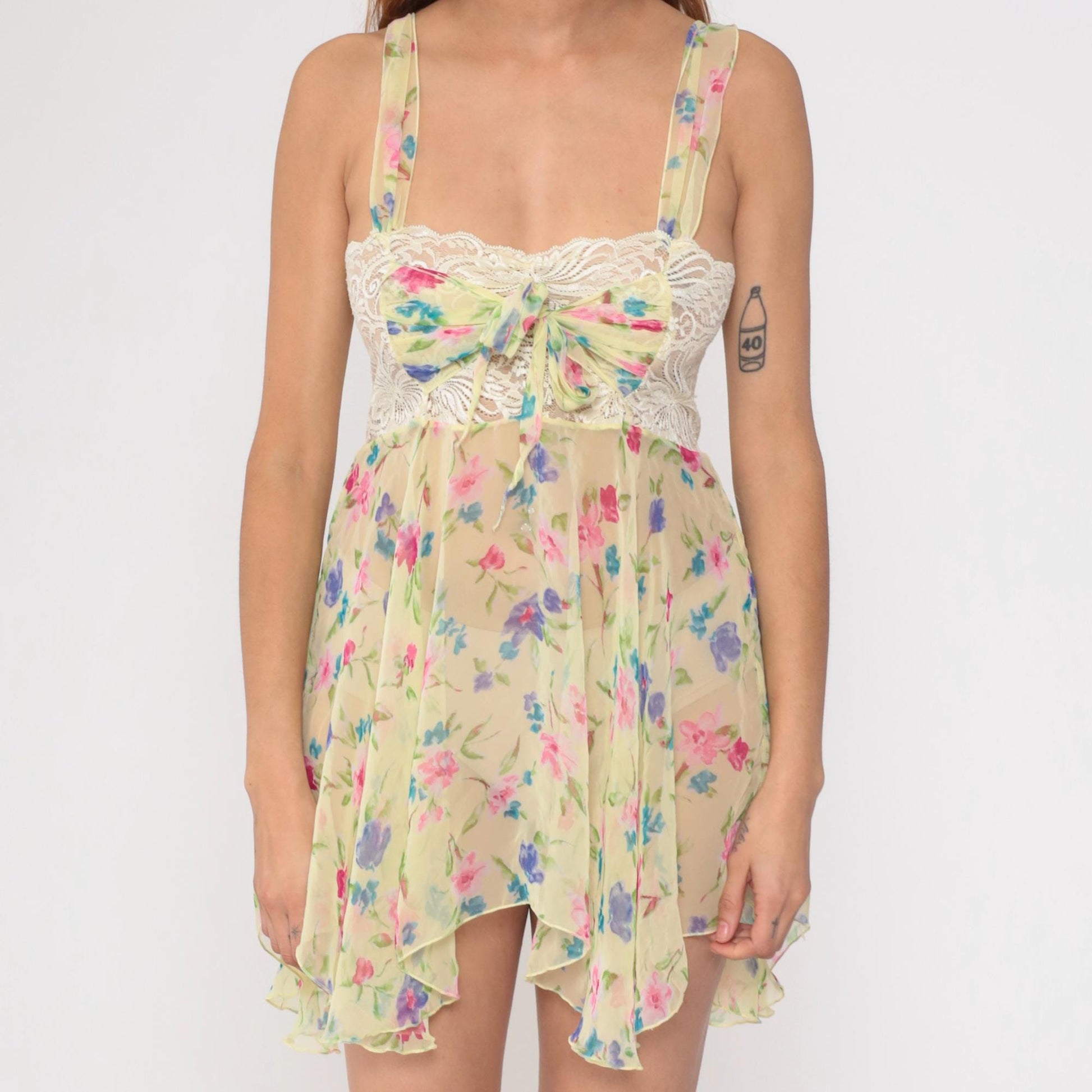 Y2K Victoria's Secret Floral Babydoll Mini Dress Pastel Lace Bow Small