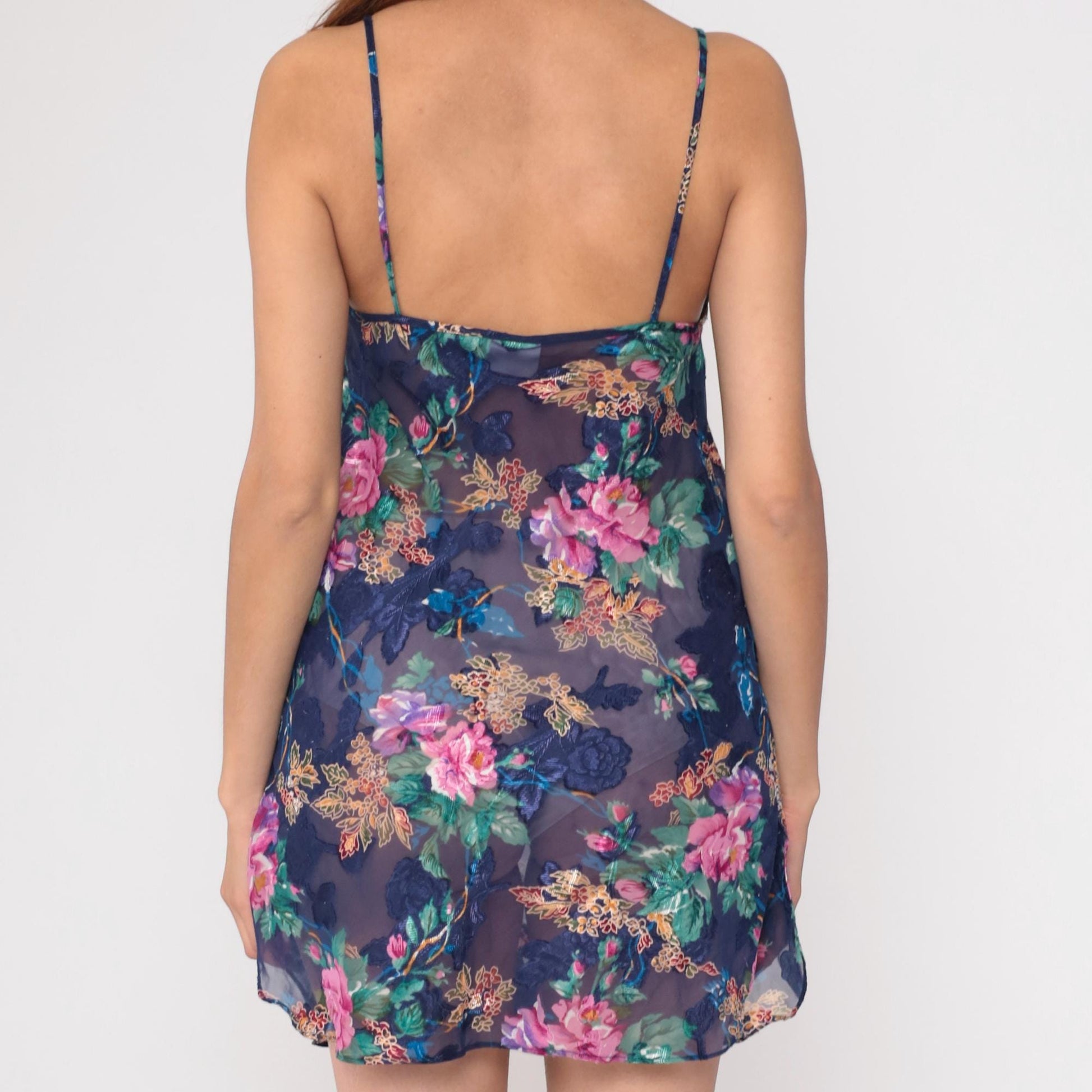 90s Navy Floral Mini Slip Dress Lace Trim Spaghetti Strap Medium M
