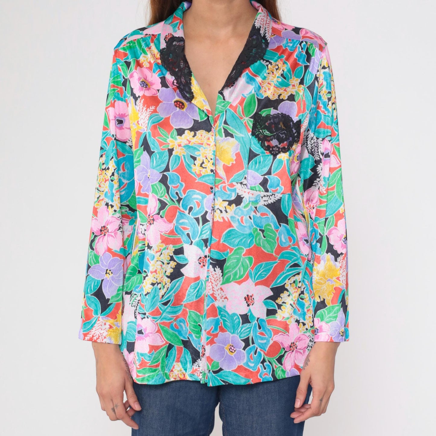 80s Vanity Fair Tropical Floral Button-Up Blouse Pink Purple Turquoise Medium