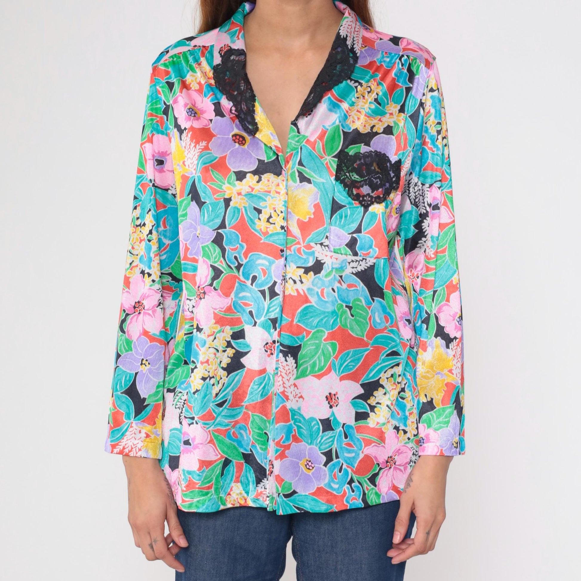 80s Vanity Fair Tropical Floral Button-Up Blouse Pink Purple Turquoise Medium