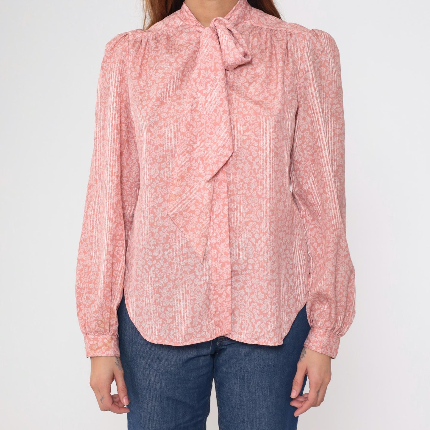 80s Evan Picone Pink Floral Bow Blouse Long Sleeve Medium M
