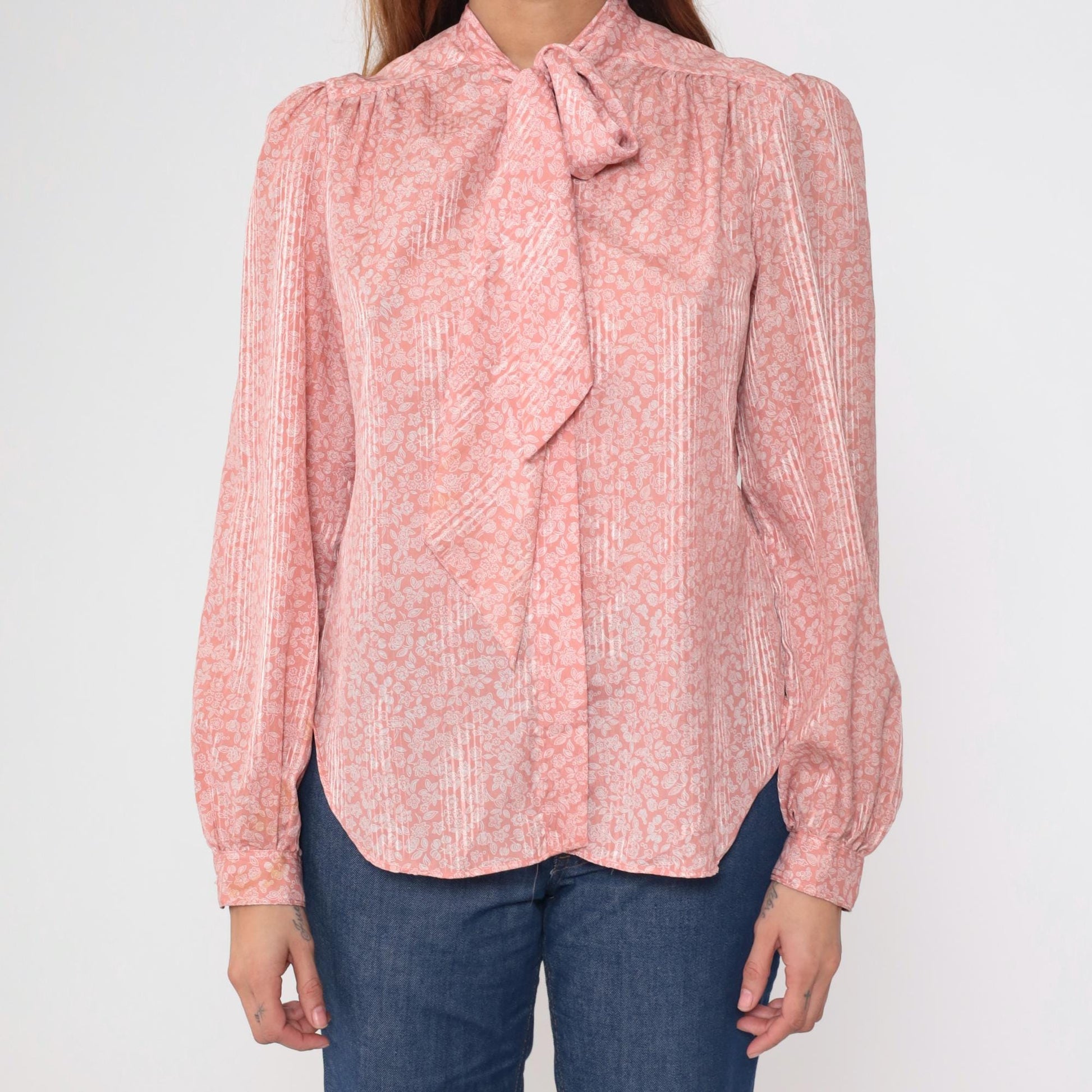 80s Evan Picone Pink Floral Bow Blouse Long Sleeve Medium M