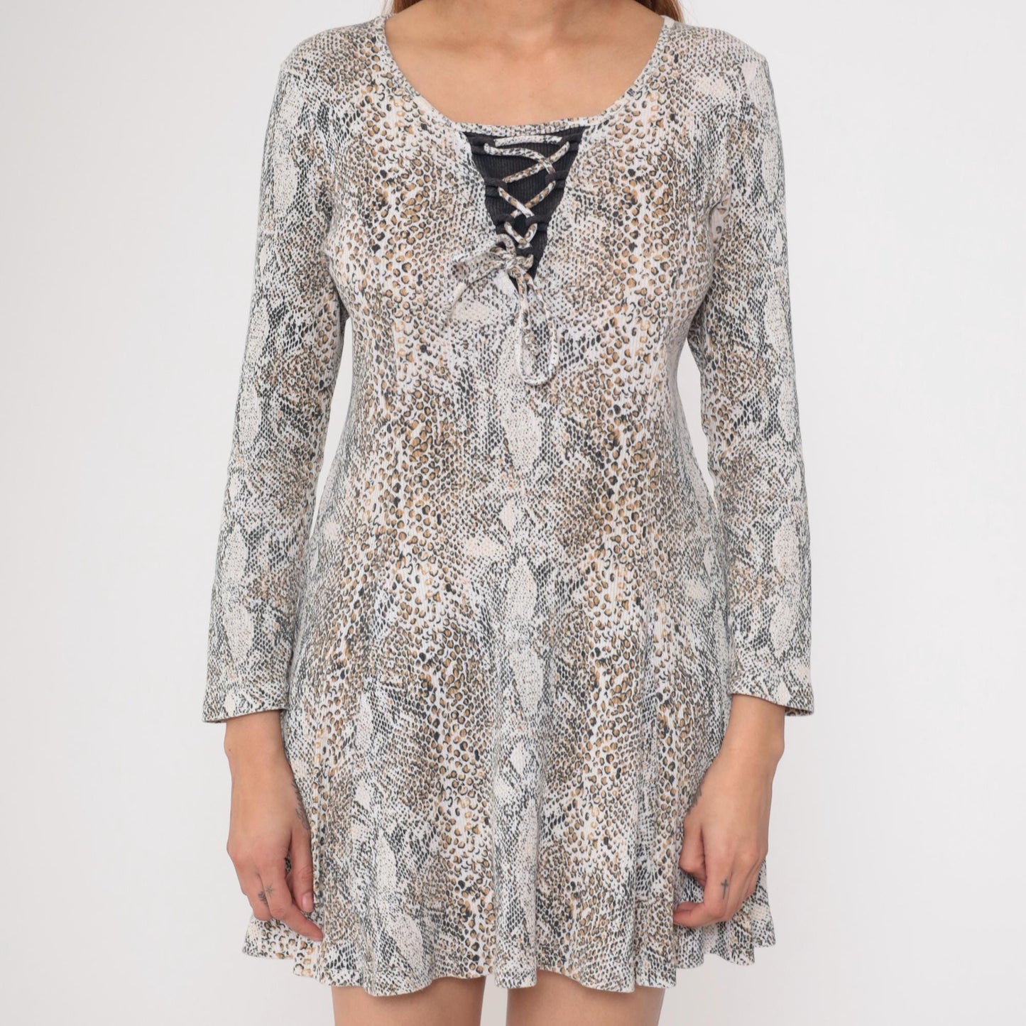 90s Snake Print Mini Dress Lace-Up Neckline Long Sleeve Grey Brown Medium