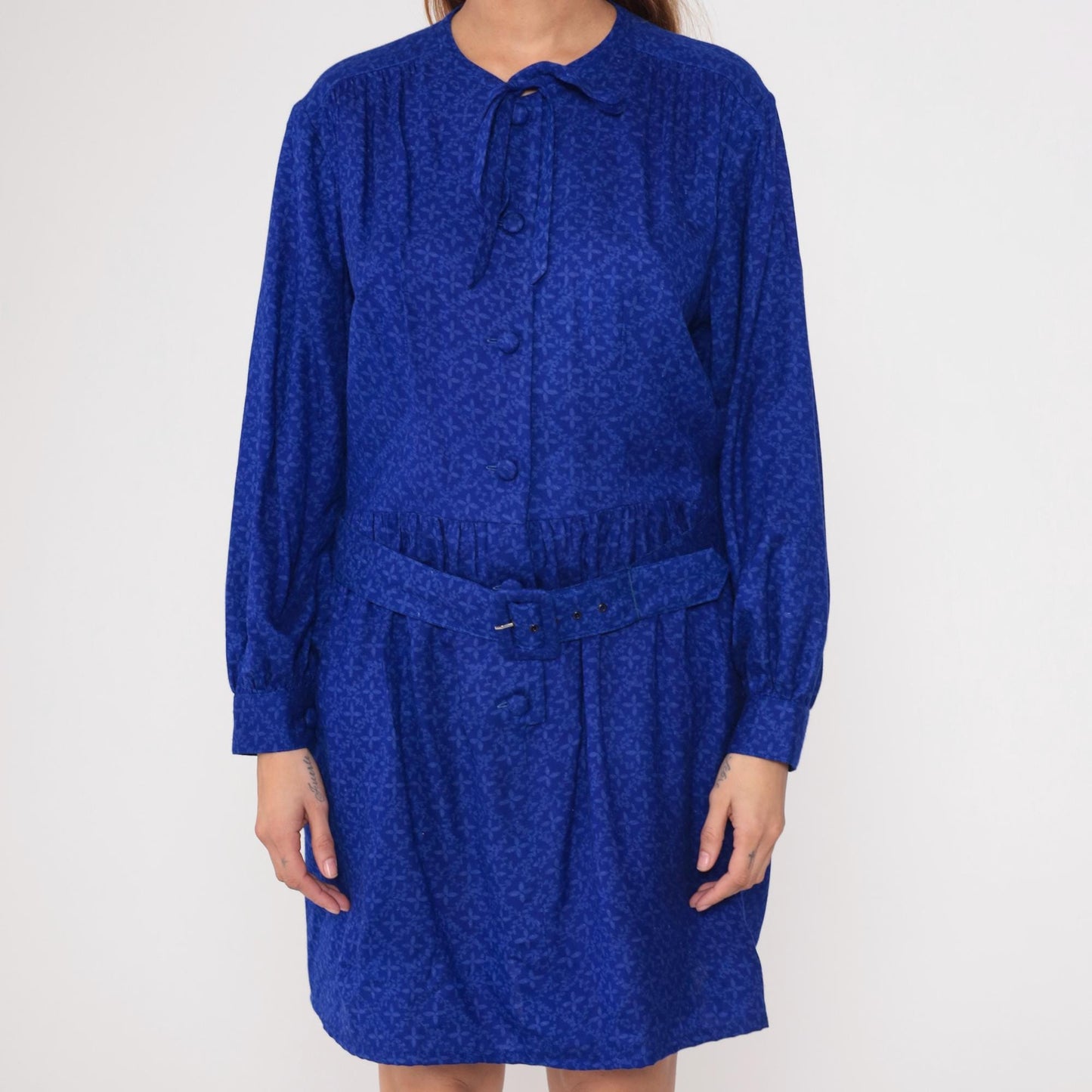 90s Royal Blue Tie Neck Shirt Dress Belted Waist Long Sleeve Medium