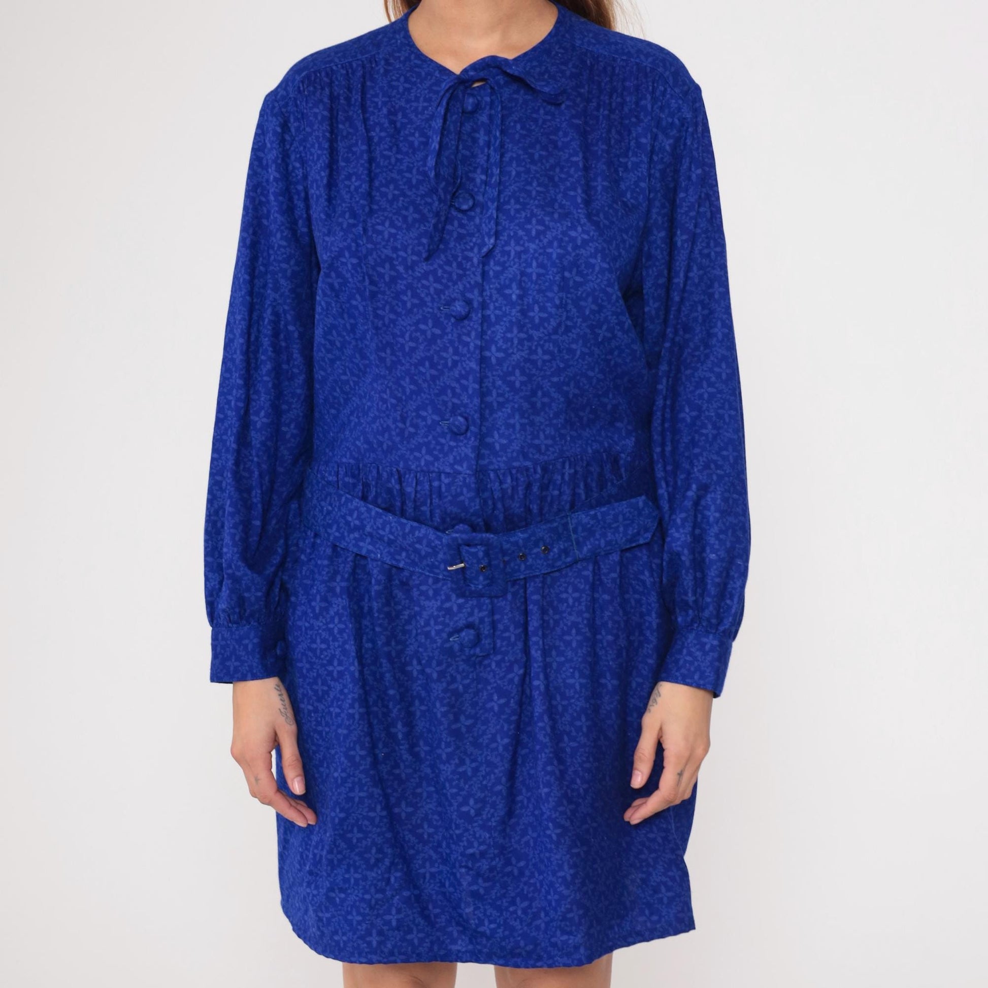 90s Royal Blue Tie Neck Shirt Dress Belted Waist Long Sleeve Medium