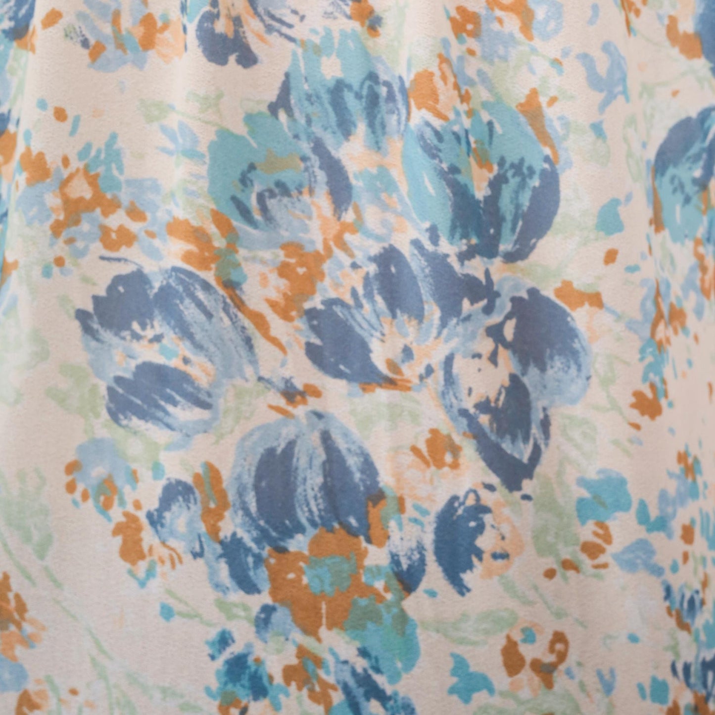 70s Floral Blouse Watercolor Print Blue Cream Sage Mandarin Collar Medium M