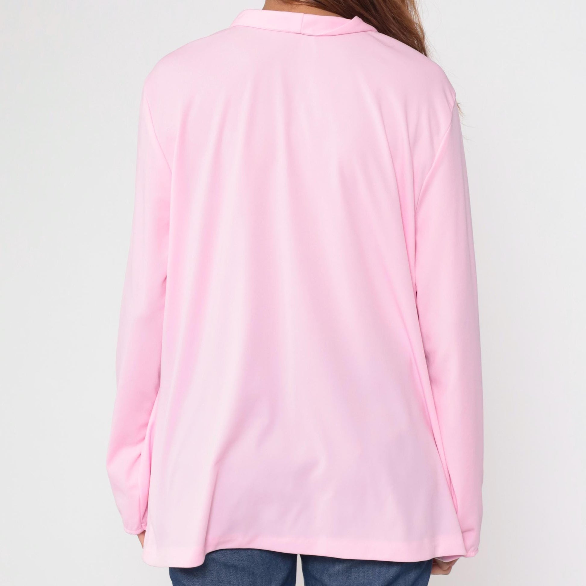 70s Pink Pearl Button Collared Blouse Gathered Shoulders Extra Large