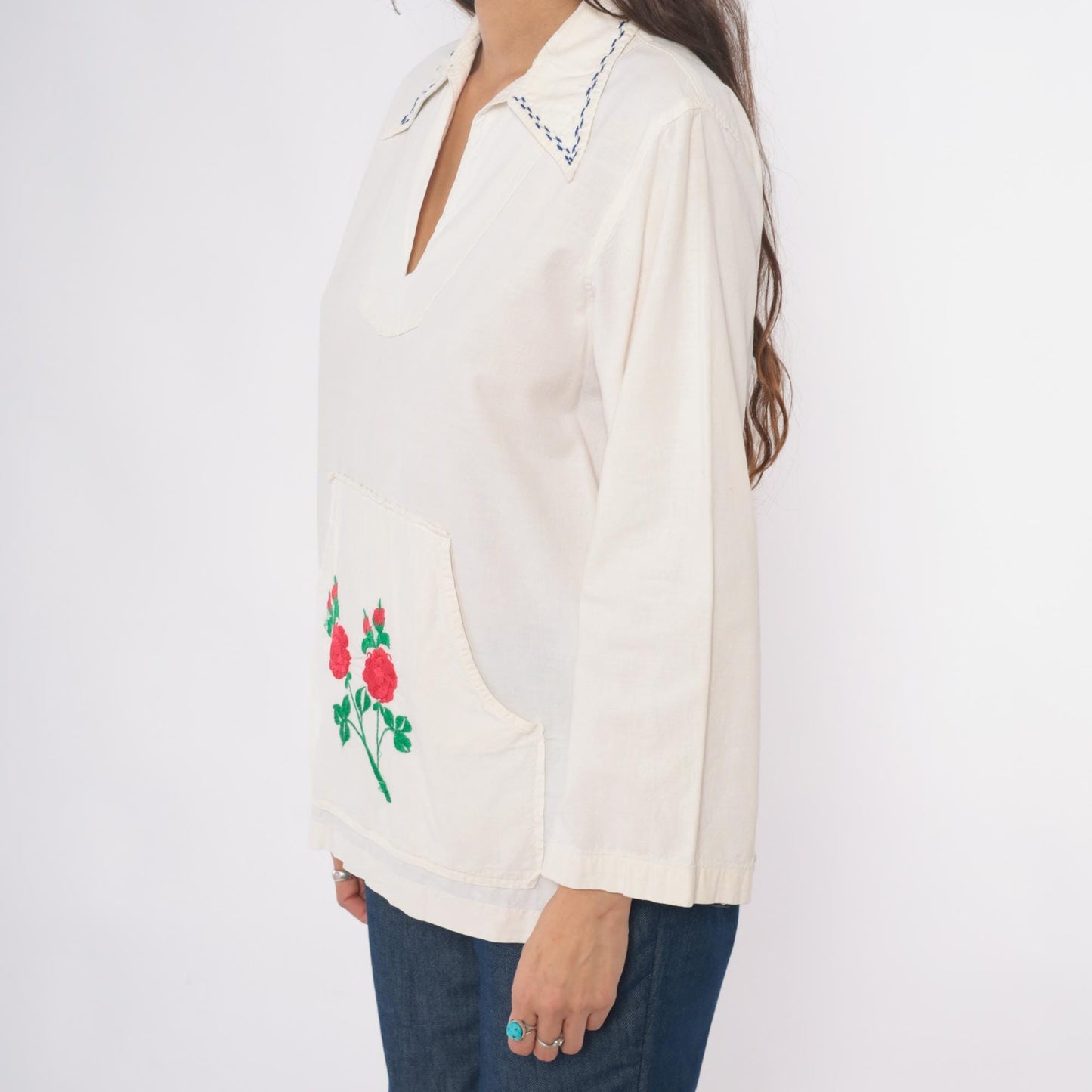 70s Cream Embroidered Rose Tunic Cotton Peasant Blouse Medium M