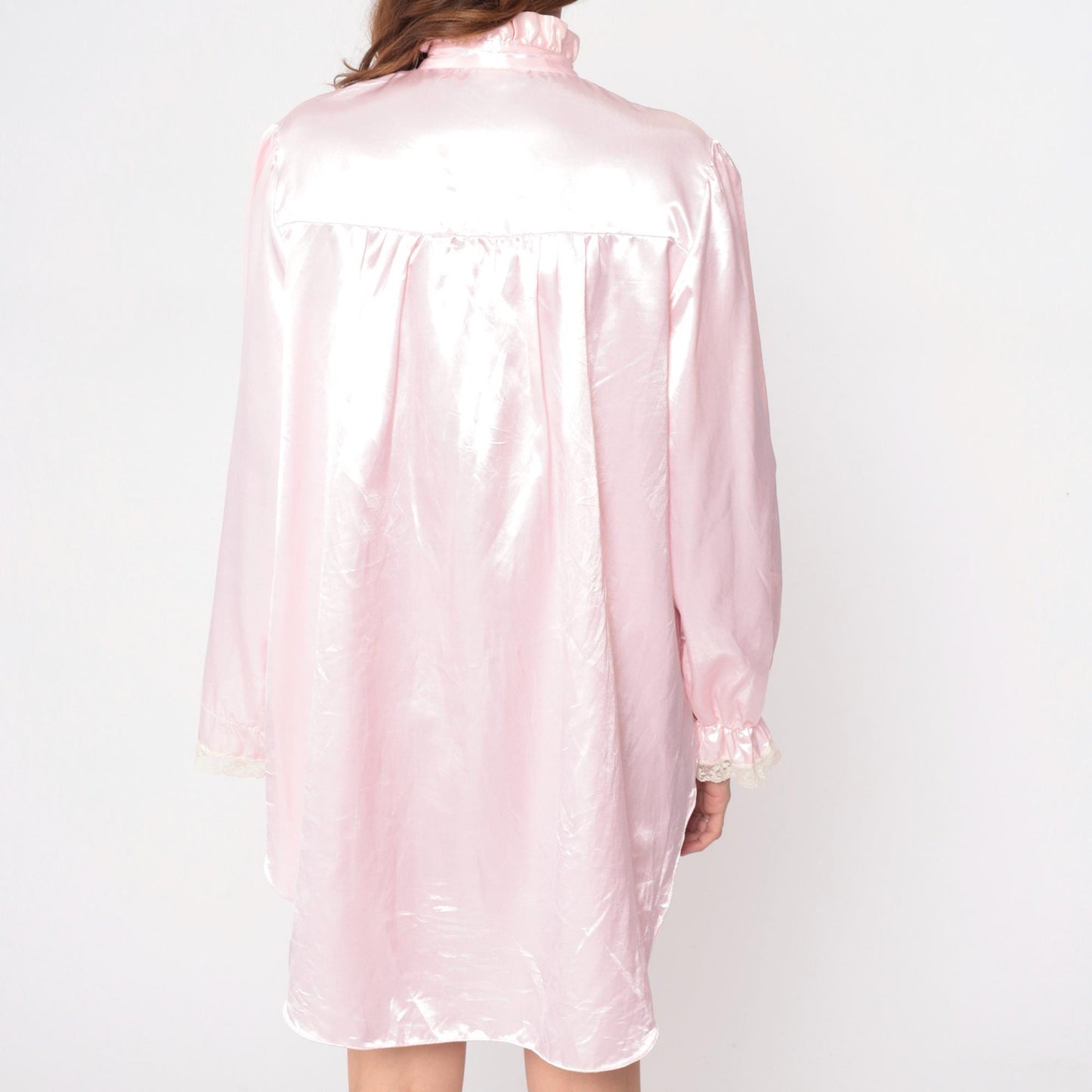 90s Pink Satin Nightgown Jodie Ardebn Embroidered Floral Ruffle Sleeve Medium