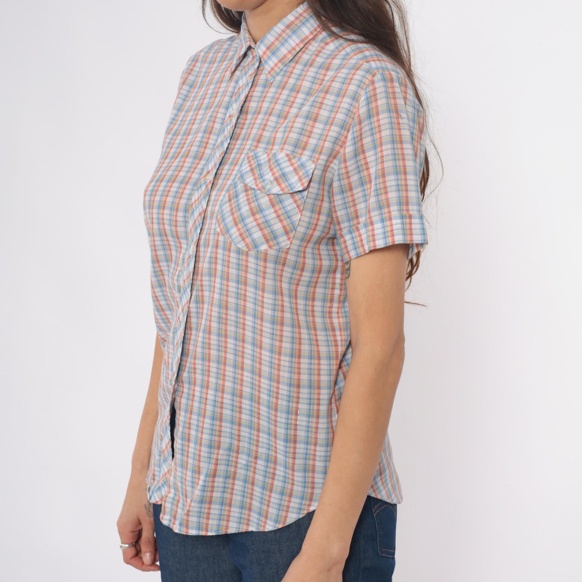 80s Plaid Button-Up Shirt Short Sleeve Pointed Collar Cotton Multicolor Medium