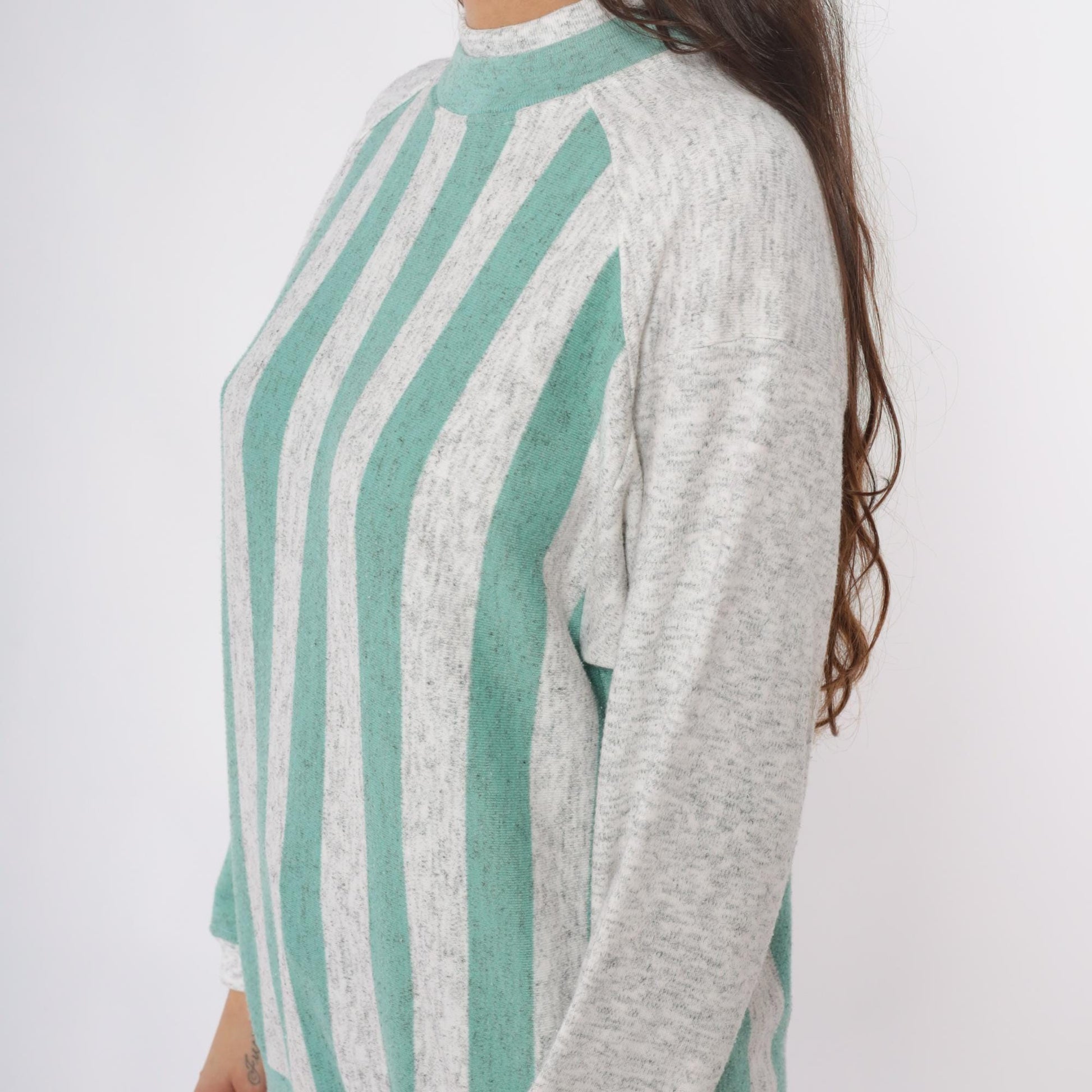 90s Aileen Petites Striped Mock Neck Sweatshirt Teal Grey Medium