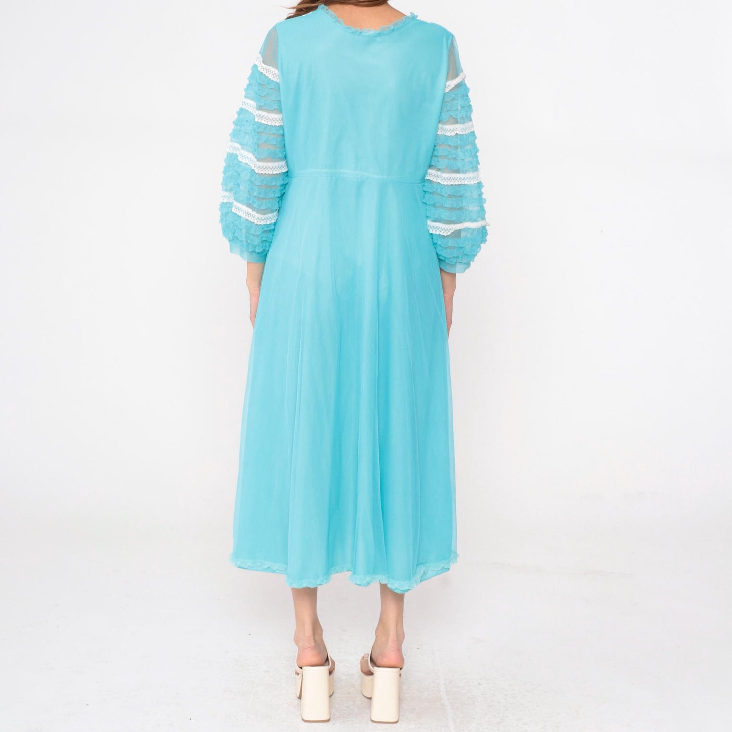 70s Aqua Blue Nylon Robe Sheer Ruffle Lace Trim V-Neck Maxi Medium