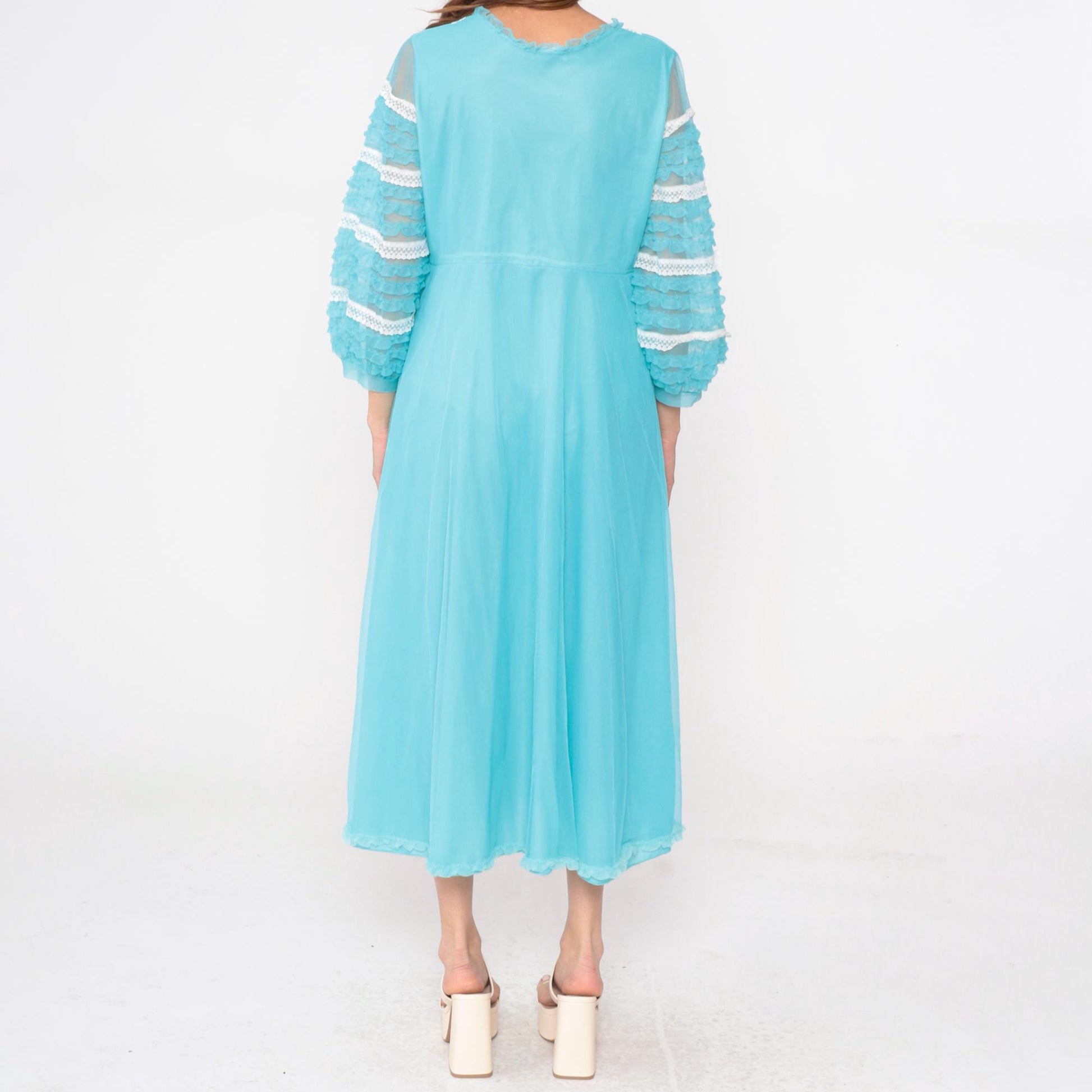 70s Aqua Blue Nylon Robe Sheer Ruffle Lace Trim V-Neck Maxi Medium