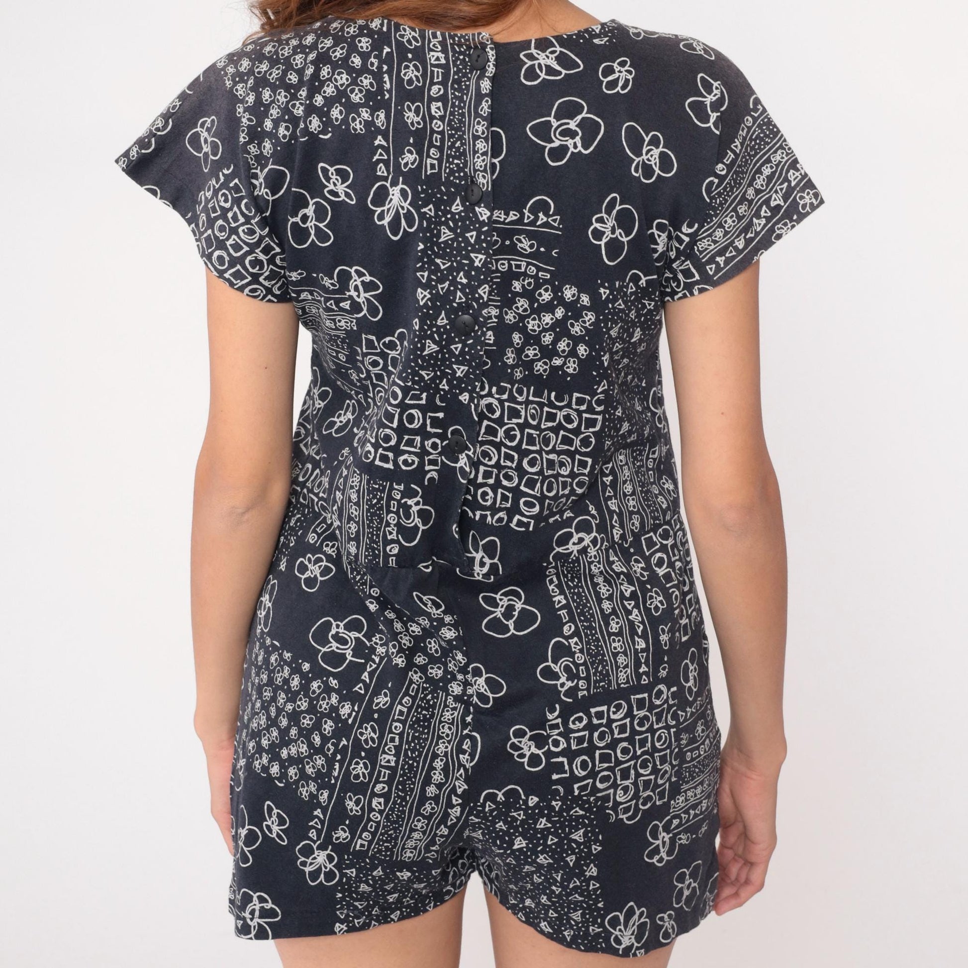 90s Black Bandana Floral Romper Cotton Scoop Neck Short Sleeve Playsuit Large