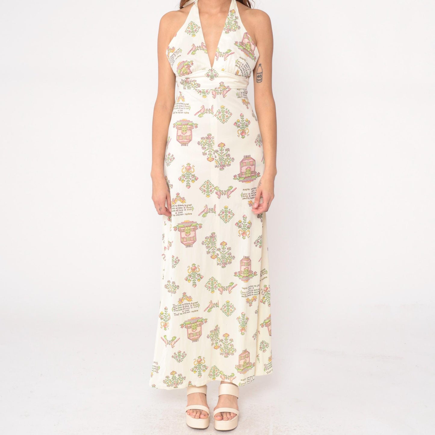 70s White Halter Maxi Dress Novelty Print Open Back Empire Waist Medium
