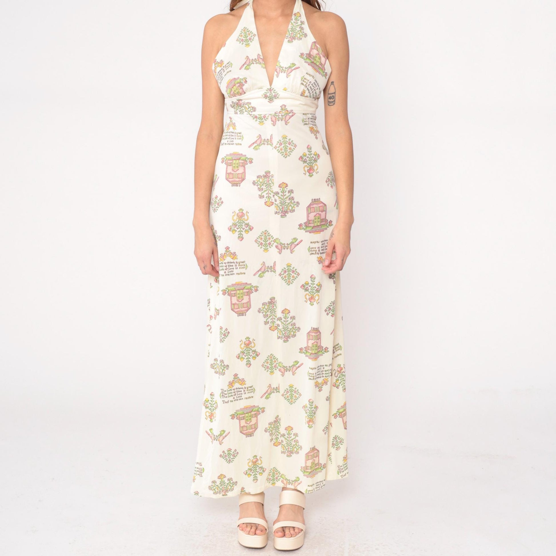 70s White Halter Maxi Dress Novelty Print Open Back Empire Waist Medium