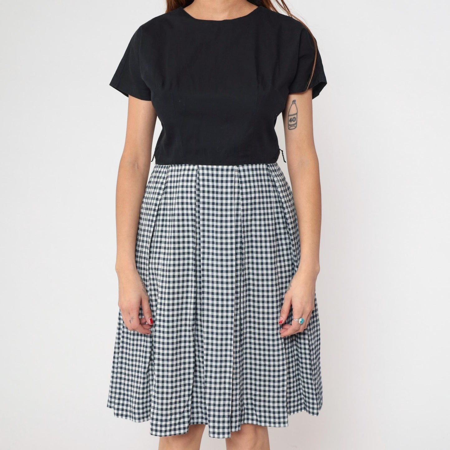 90s Black White Gingham Dress Crew Neck A-Line Knee Length Cotton Medium M