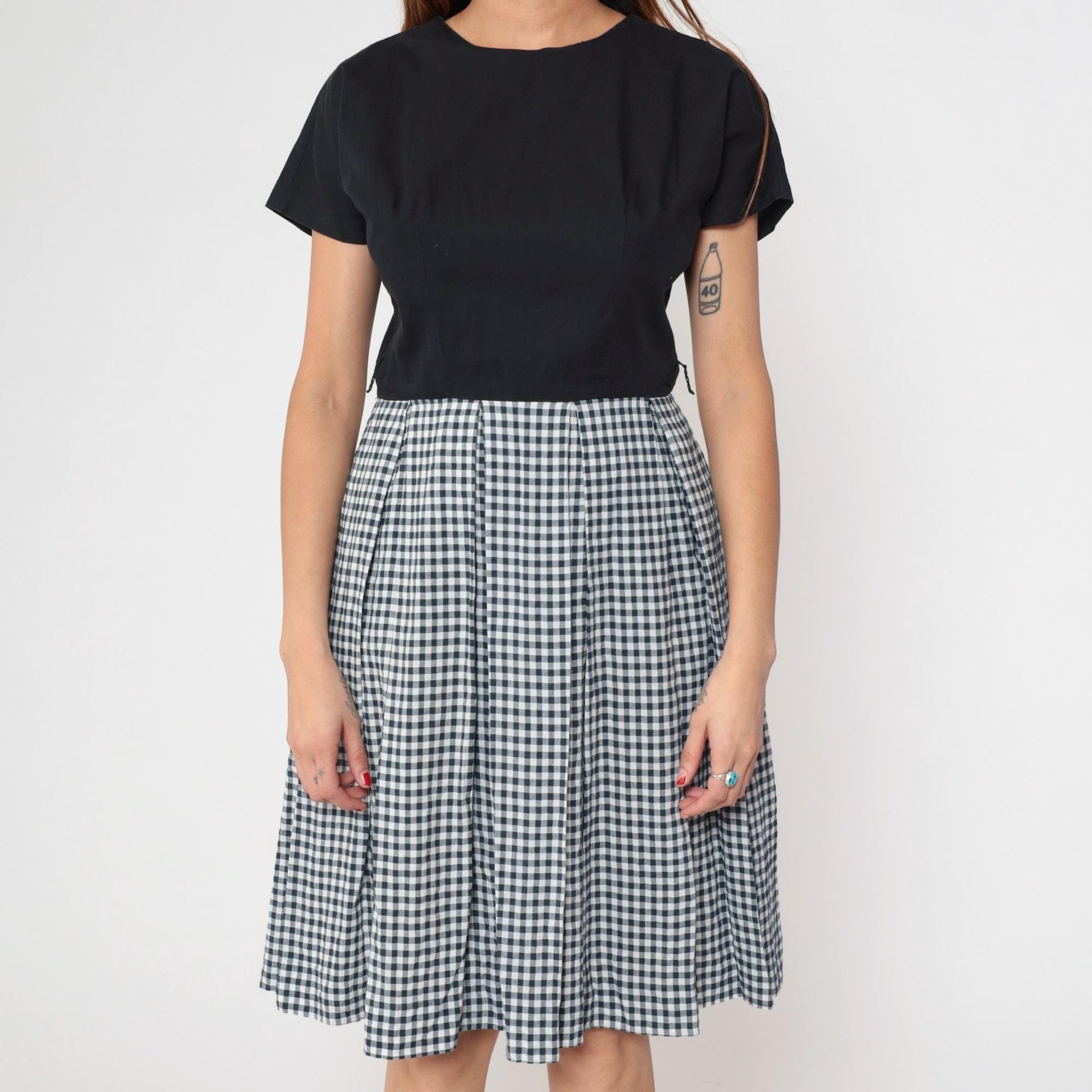 90s Black White Gingham Dress Crew Neck A-Line Knee Length Cotton Medium M