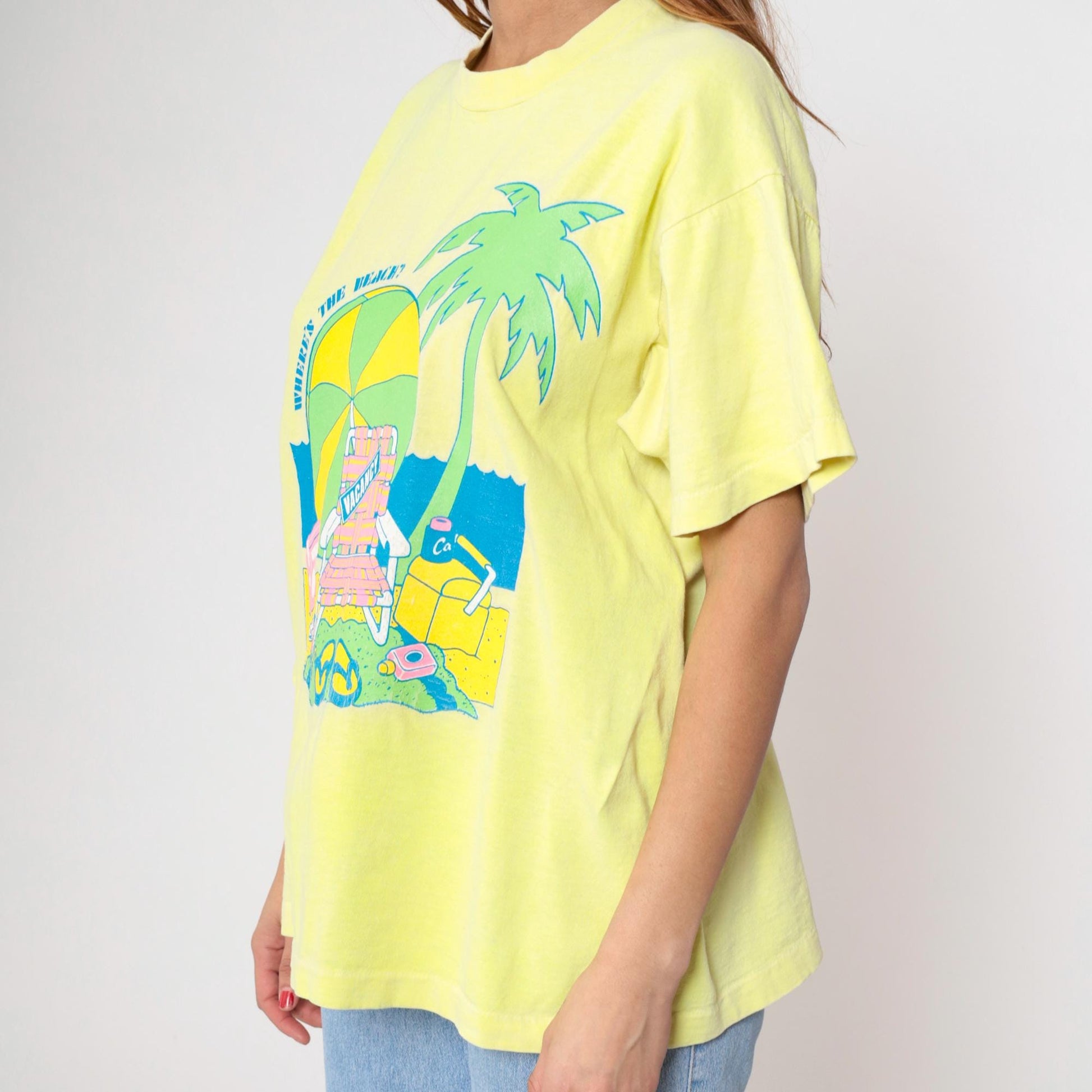 90s Fruit of the Loom Yellow Beach Graphic T-Shirt Where's The Beach Extra Large XL