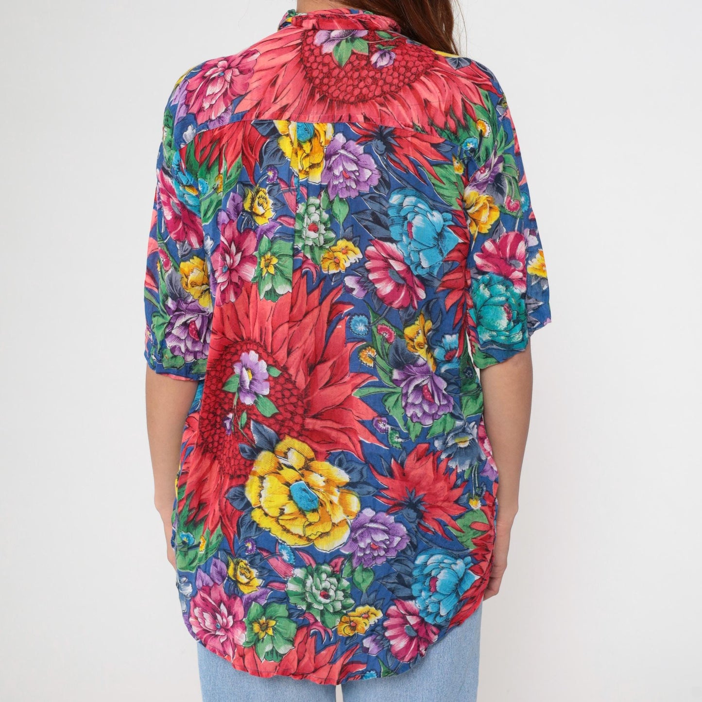90s Floral Cotton Mandarin Collar Shirt Pink Dahlia Print Large L