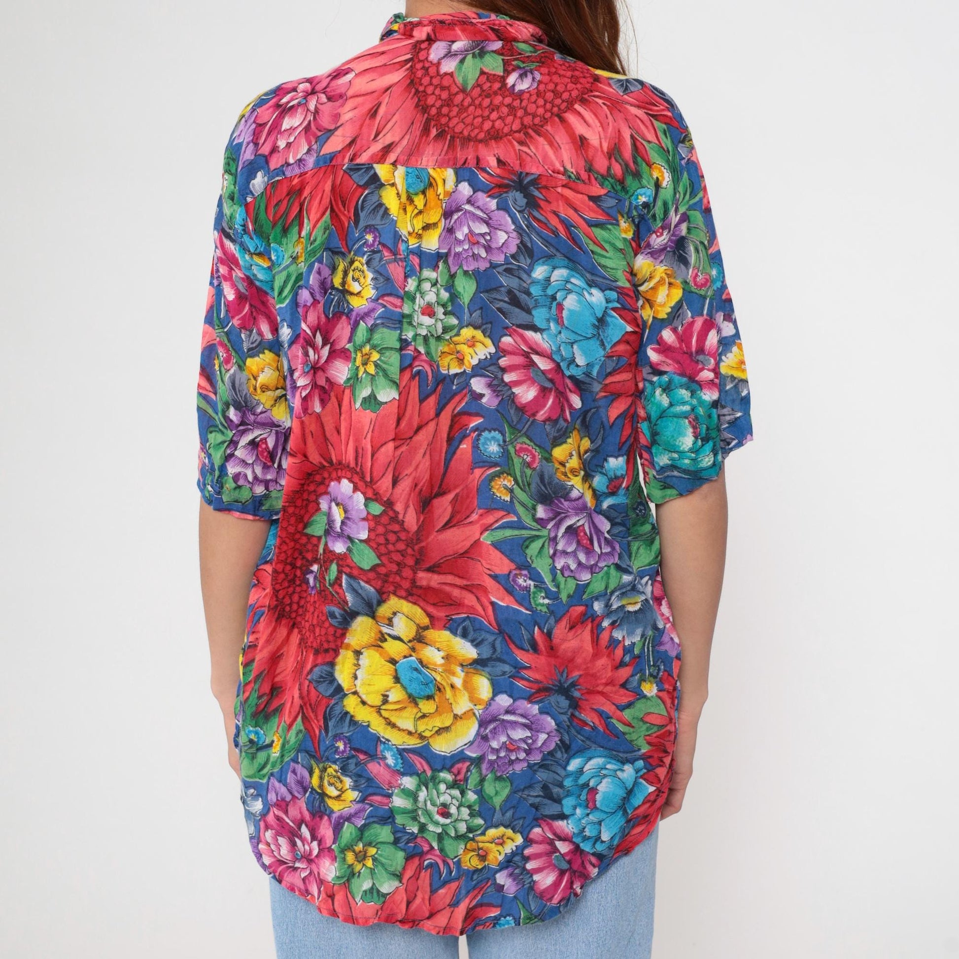 90s Floral Cotton Mandarin Collar Shirt Pink Dahlia Print Large L