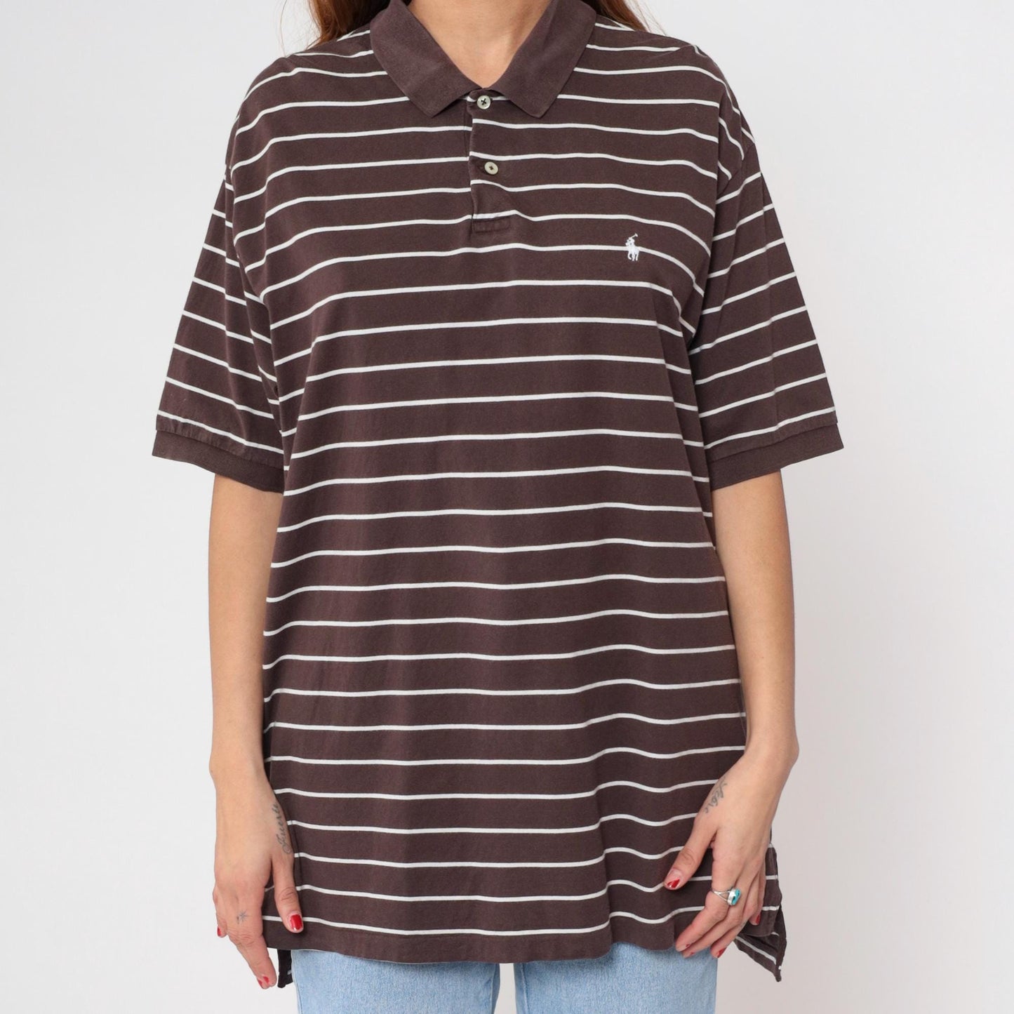 90s Polo Ralph Lauren Striped Polo Shirt Brown White Cotton Extra Large XL