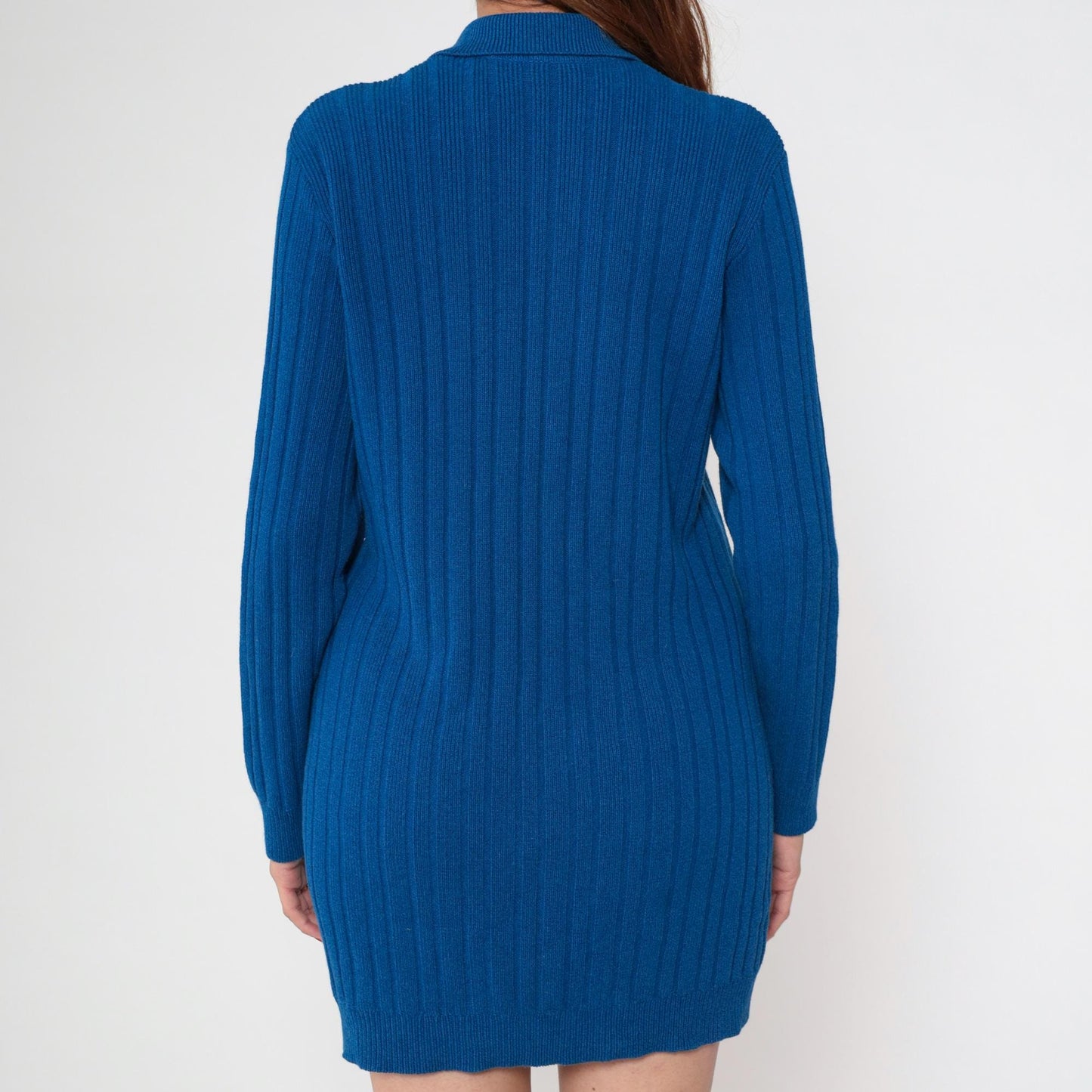 80s Andrea Jovine Blue Ribbed Cardigan Pointed Collar Pockets Large L