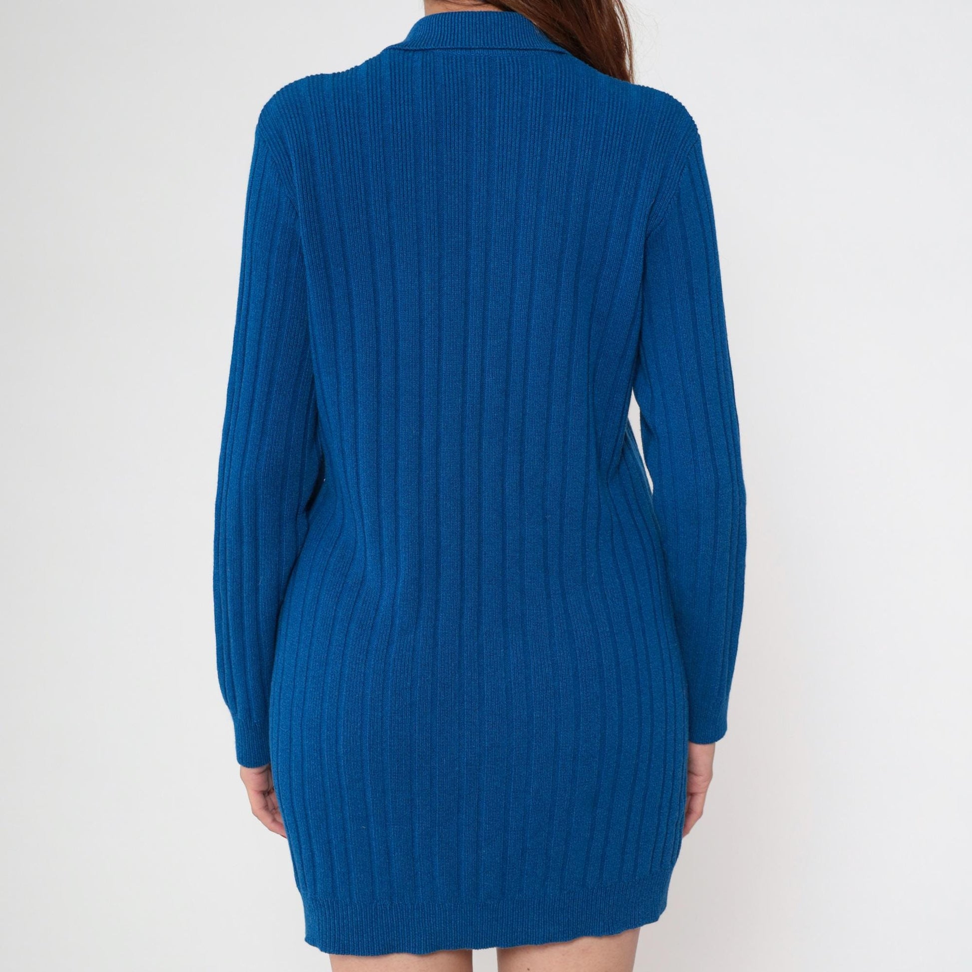 80s Andrea Jovine Blue Ribbed Cardigan Pointed Collar Pockets Large L