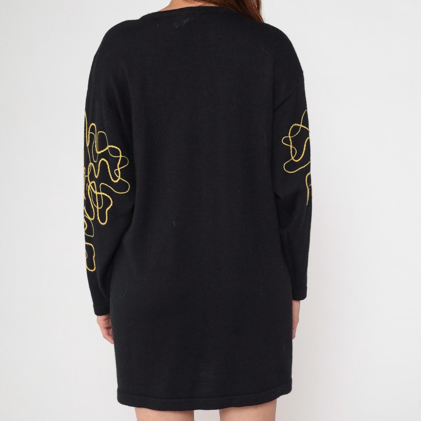 90s Mondi Black Cardigan Gold Embroidered Abstract Wool Blend Longline Medium