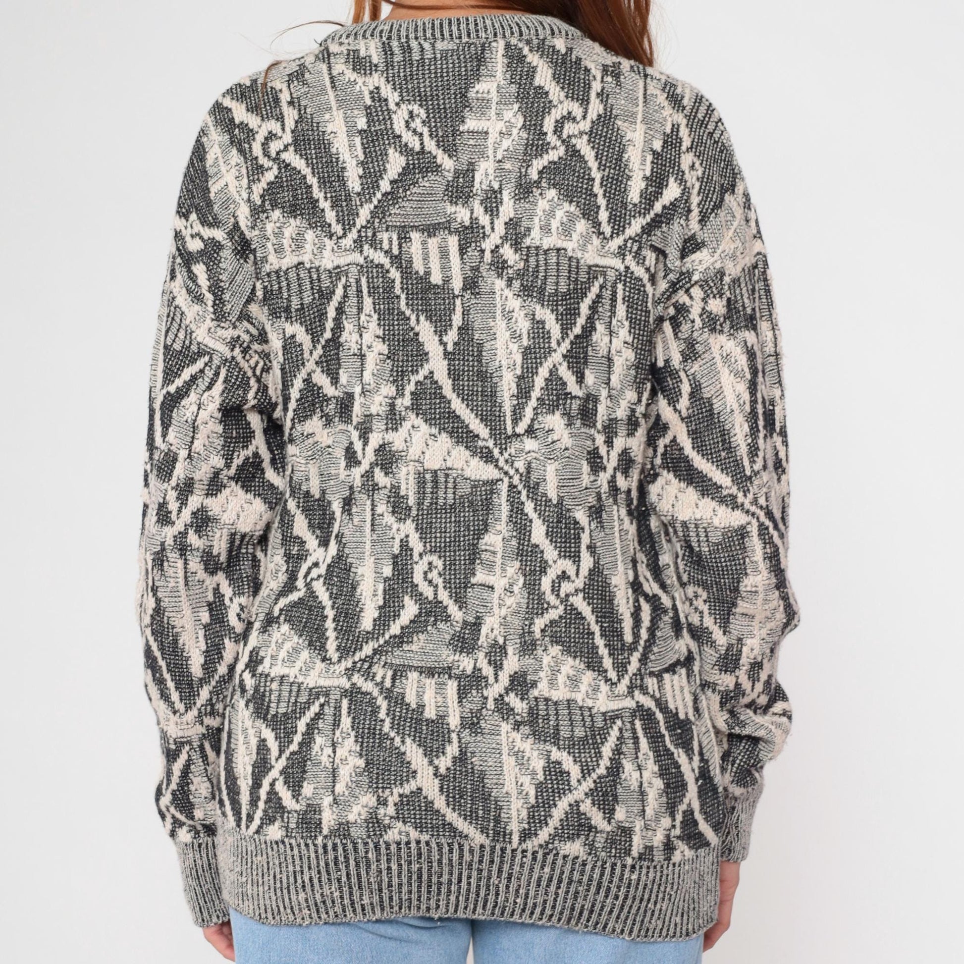 80s Collezione Zenio Abstract Geometric Knit Sweater Grey Cream Small