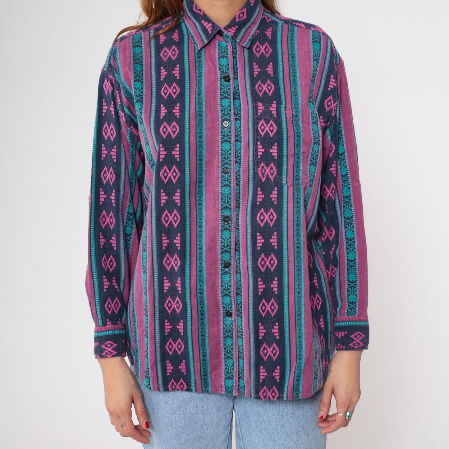 90s Southwestern Tribal Geometric Button-Up Shirt Purple Magenta Teal Large L