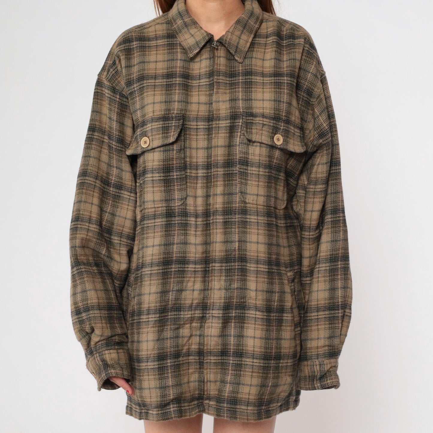 Y2K Shaver Lake Plaid Shirt Jacket Brown Green Checked Collared Large L