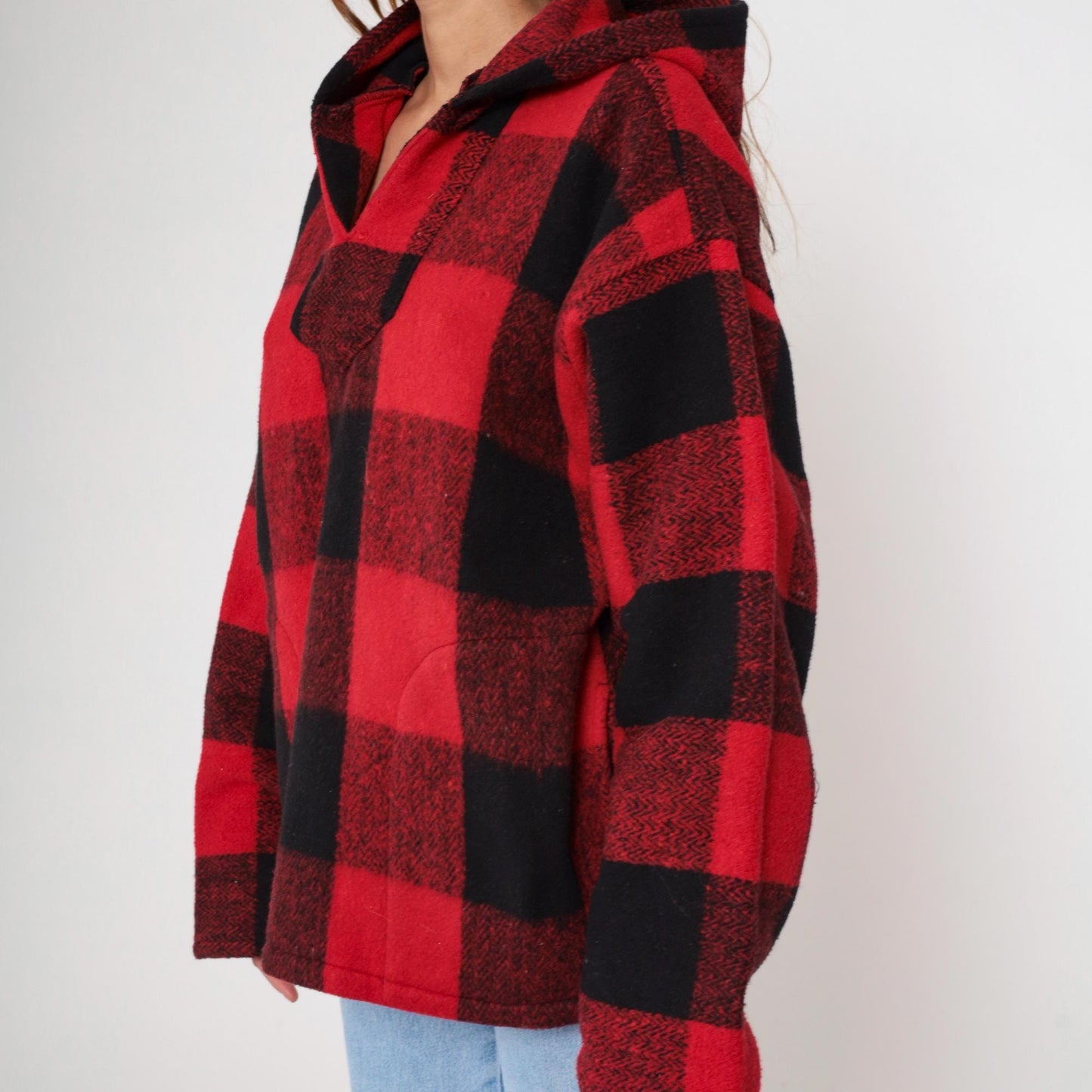 90s Buffalo Plaid Hoodie Red Black Half-Zip Earth Ragz Fleece Large L