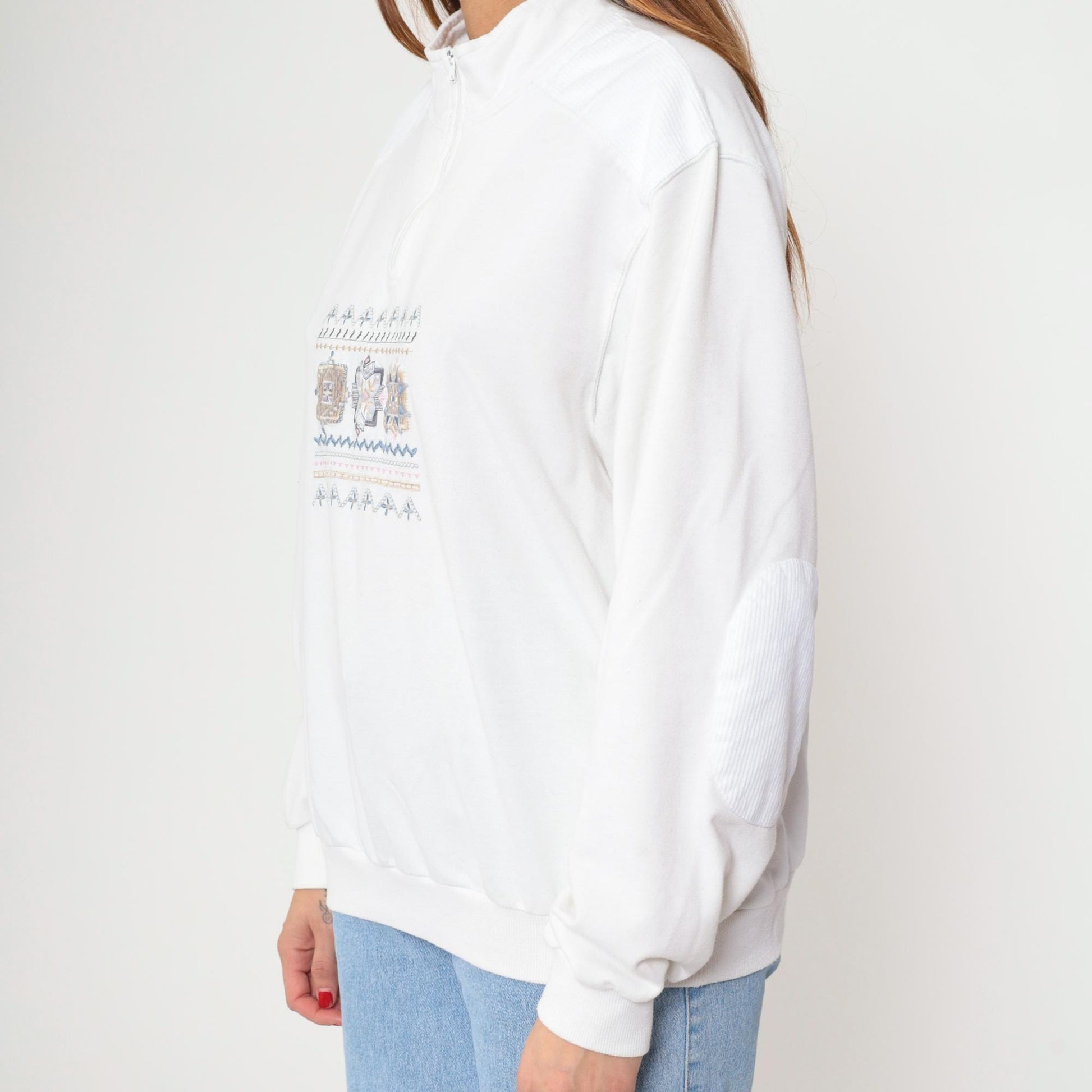 80s Alfred Dunner Quarter-Zip Sweatshirt White Geometric Embroidered Extra Large
