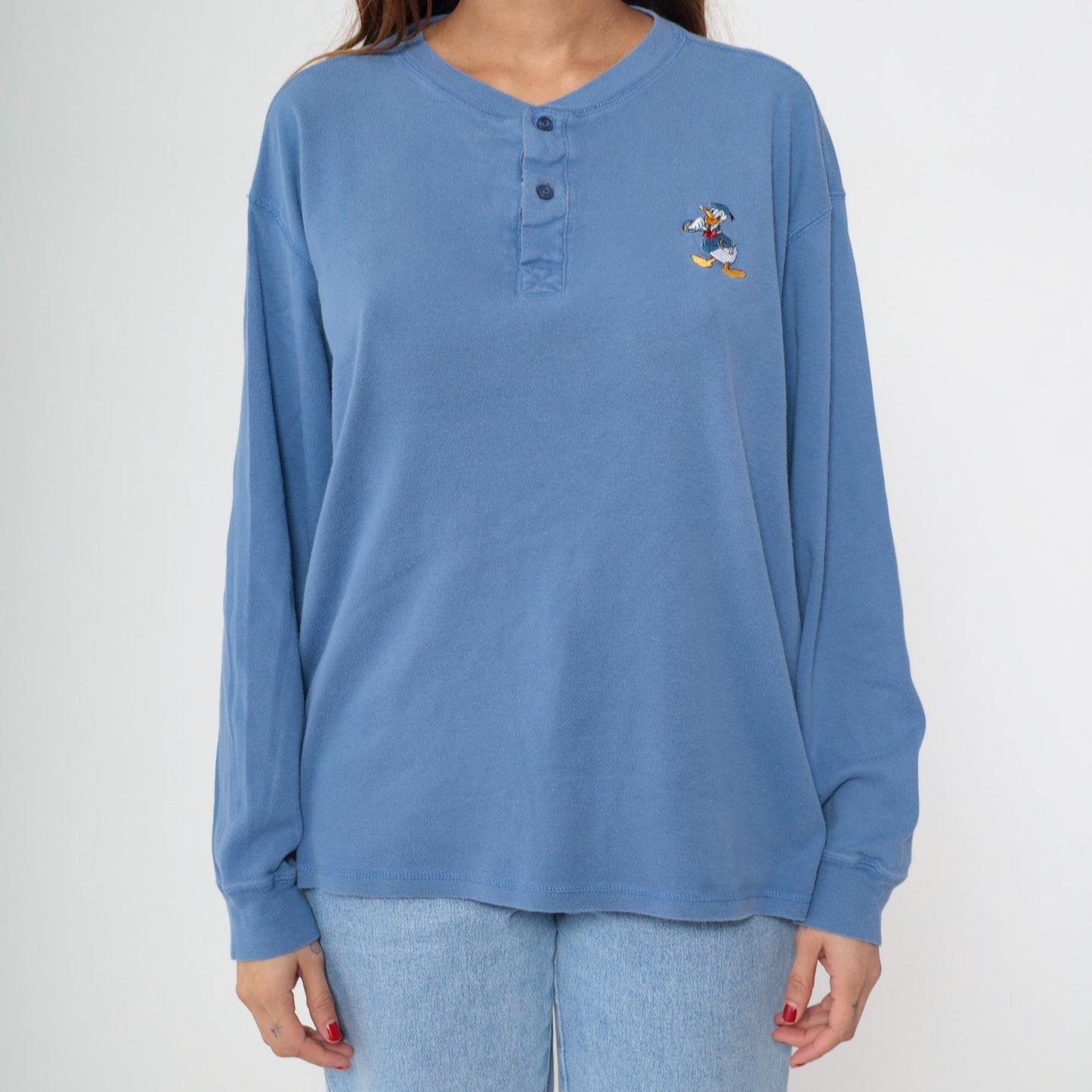 90s Donald Duck Henley Shirt Periwinkle Blue Embroidered Cotton Medium