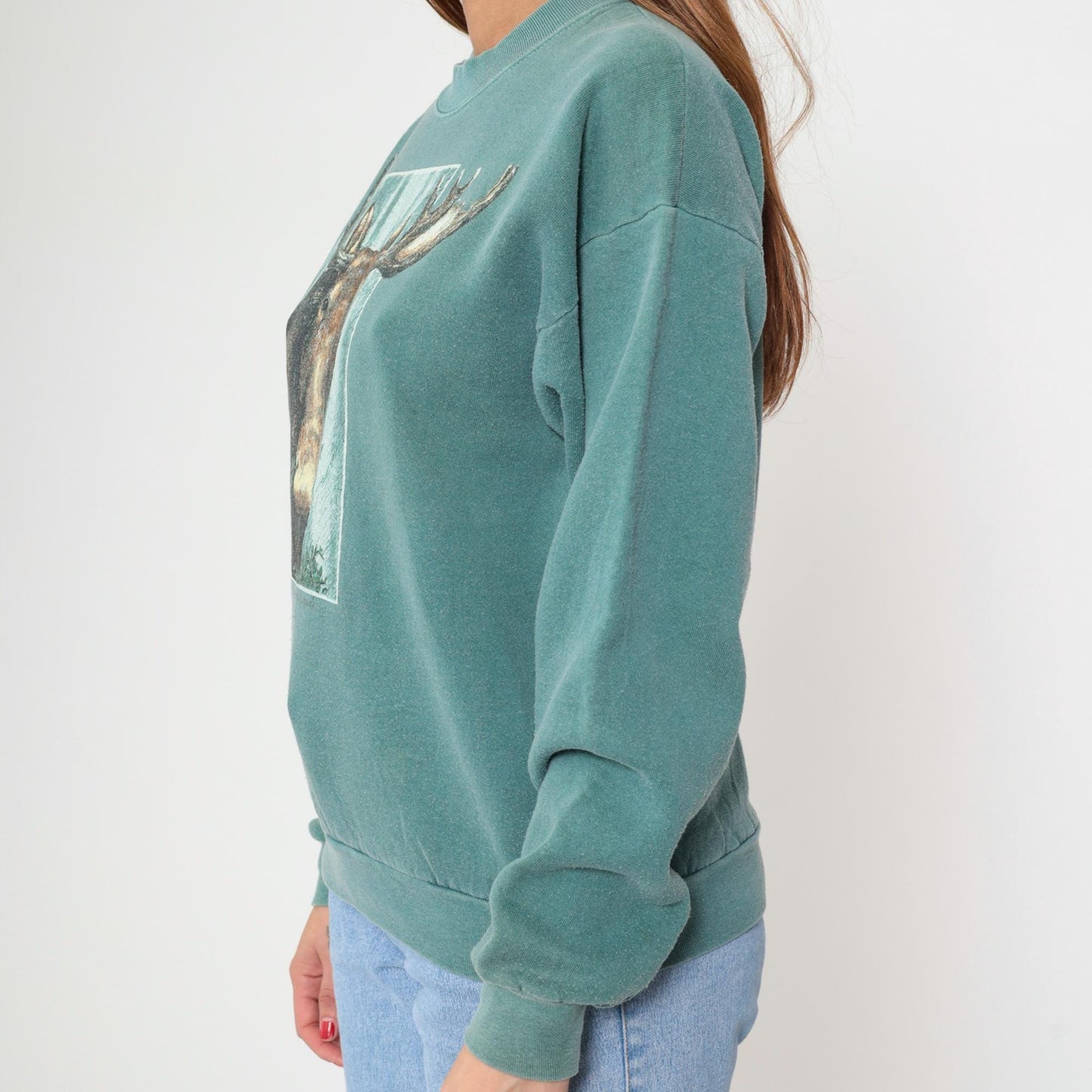 90s Moose Graphic Sweatshirt Sage Green Crewneck Pullover Large L