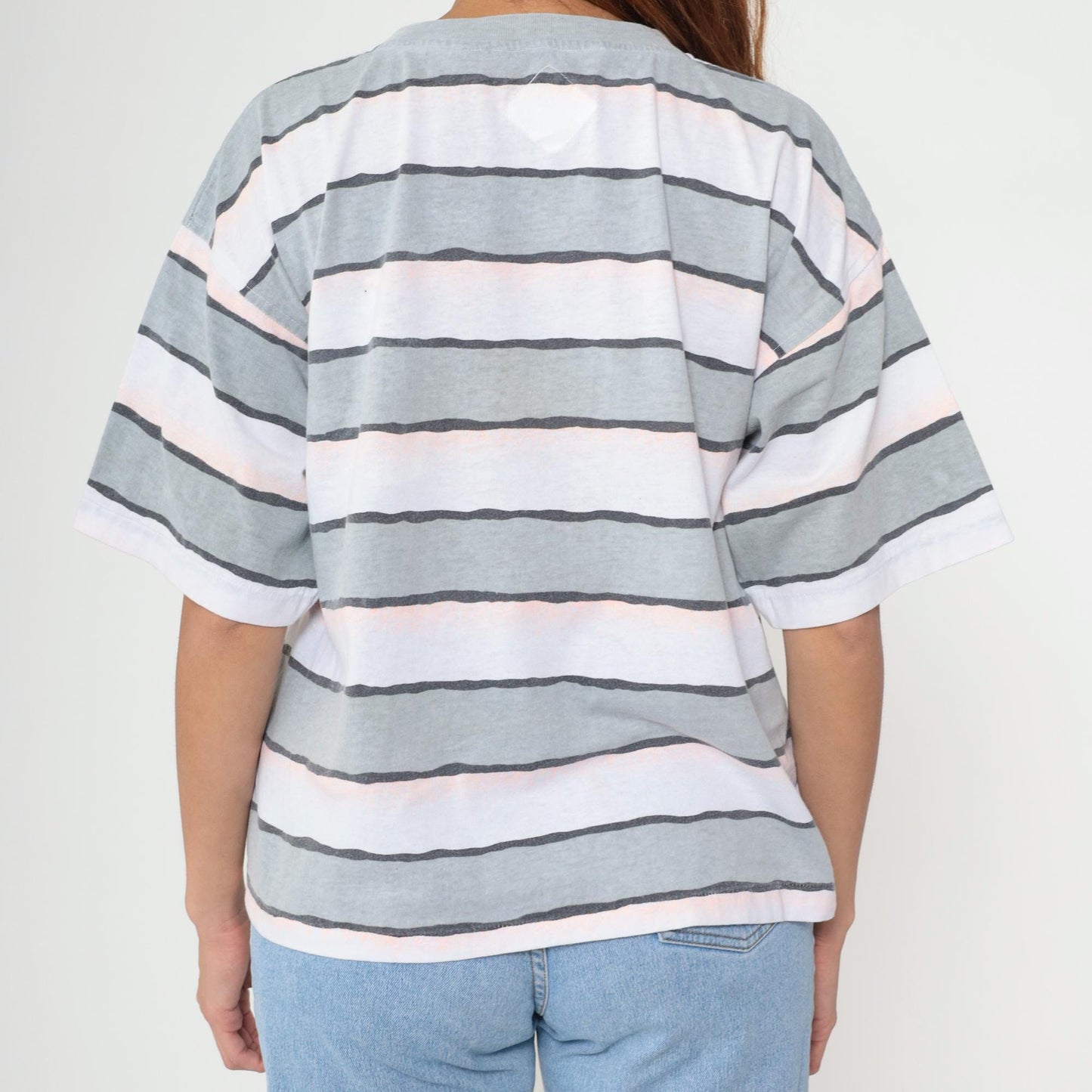 90s Striped T-Shirt Grey White Pink Charcoal Horizontal Crew Neck Medium