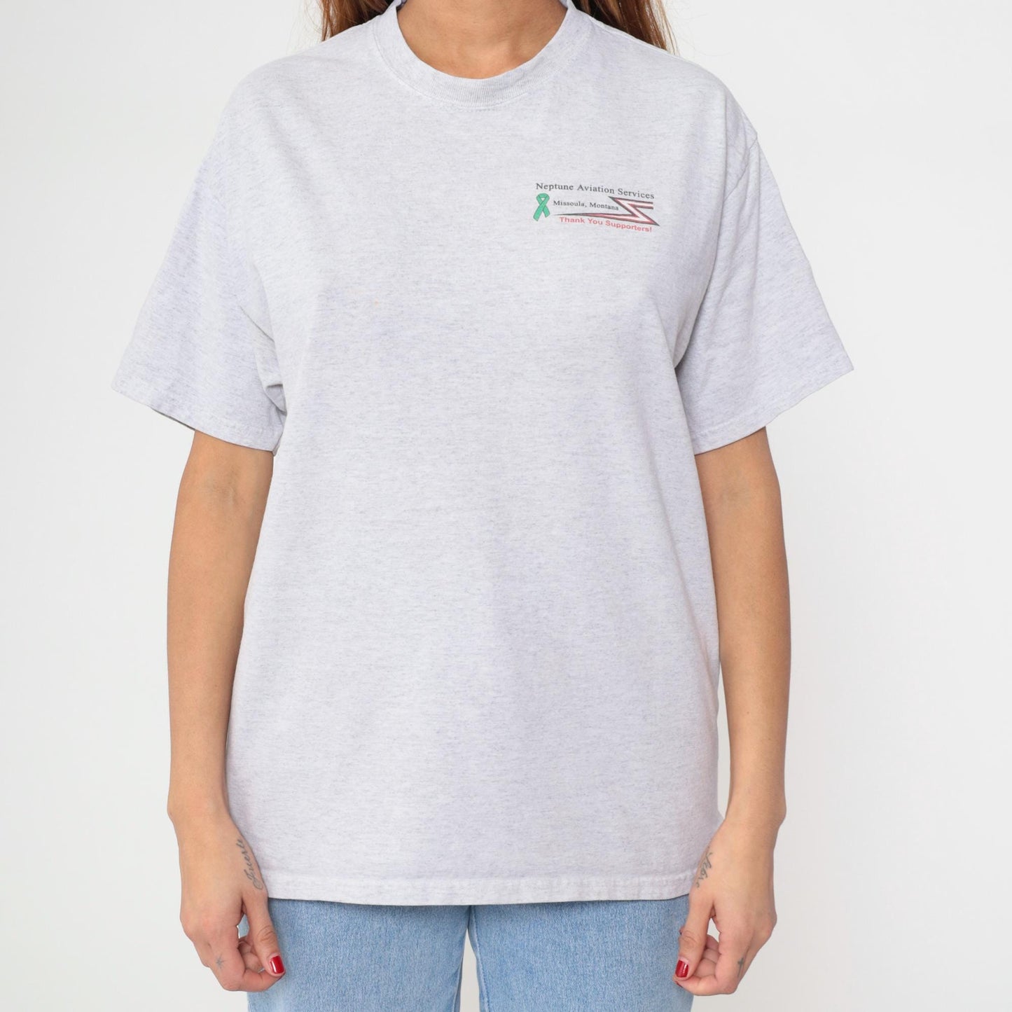 Y2K Neptune Aviation Services Missoula Montana Graphic Tee Grey Large L