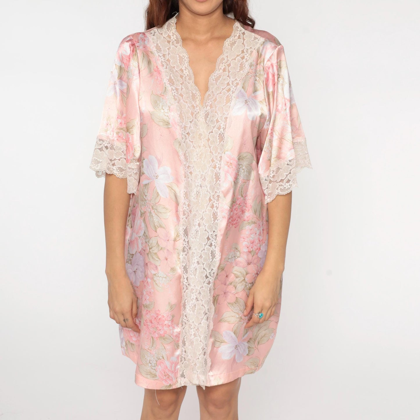 90s Pink Floral Kimono Robe Wendy Ann Lace Trim Knee Length Medium